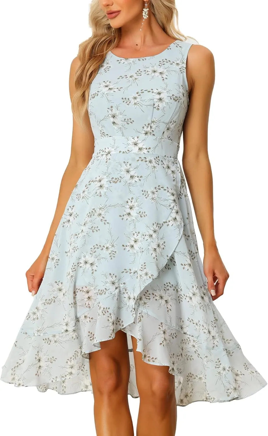 Allegra K Women's Summer Dresses 2025 Wrap Ruffle High Low Hem Round Neck Keyhole Back Sleeveless Floral Dress