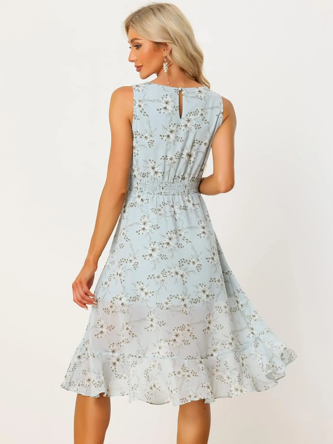 Allegra K Women's Summer Dresses 2025 Wrap Ruffle High Low Hem Round Neck Keyhole Back Sleeveless Floral Dress