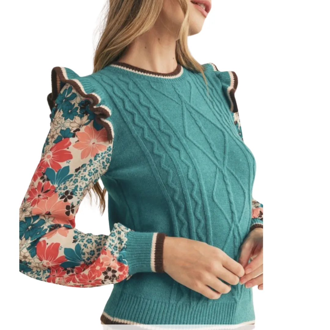 Apparel- En Merci Knit Sweater With Woven Floral Sleeves