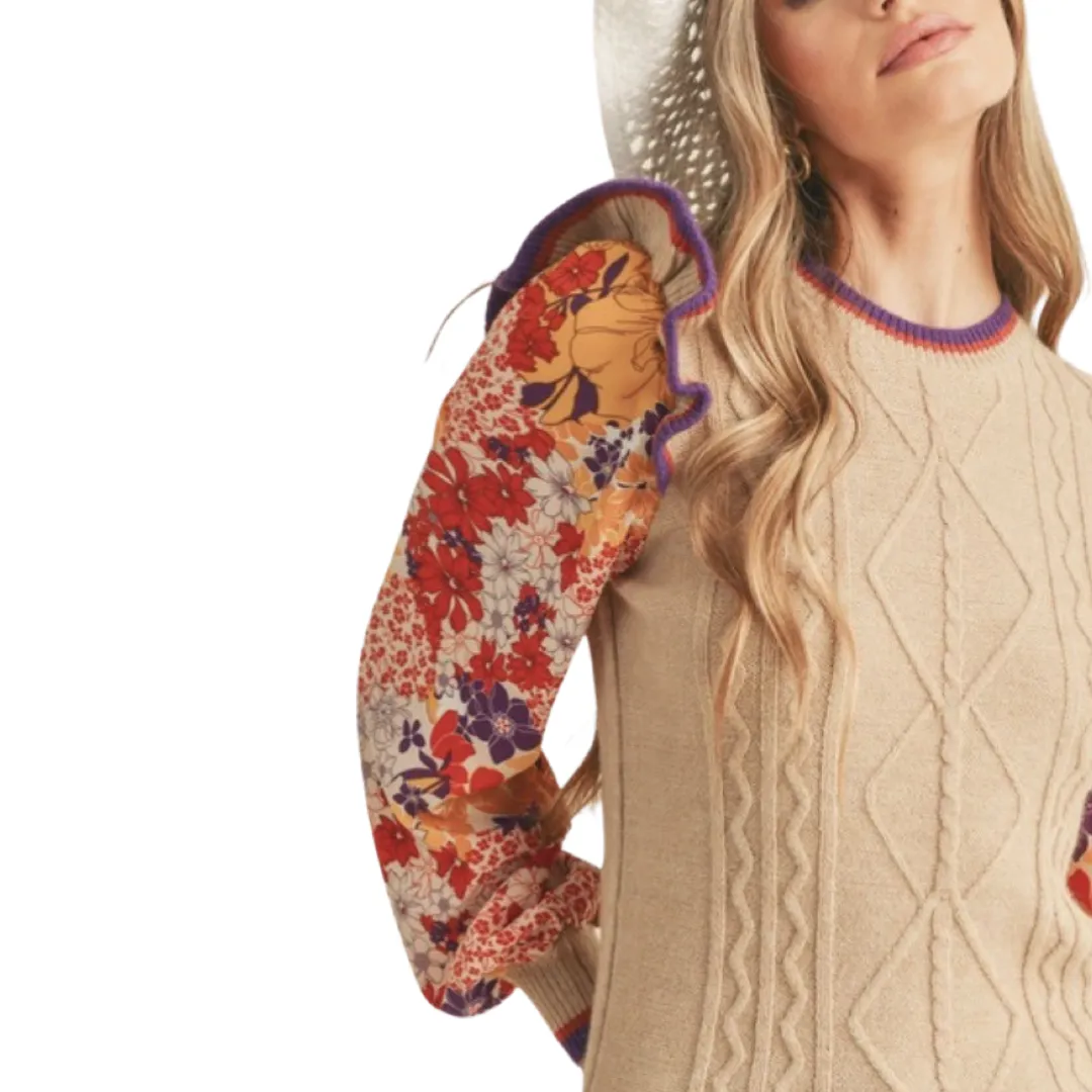 Apparel- En Merci Knit Sweater With Woven Floral Sleeves