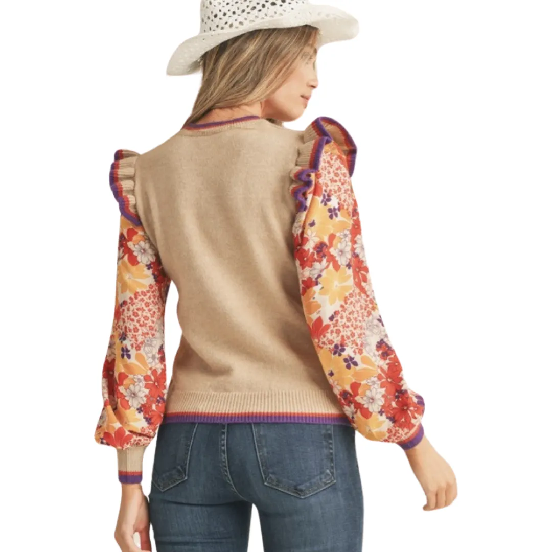 Apparel- En Merci Knit Sweater With Woven Floral Sleeves