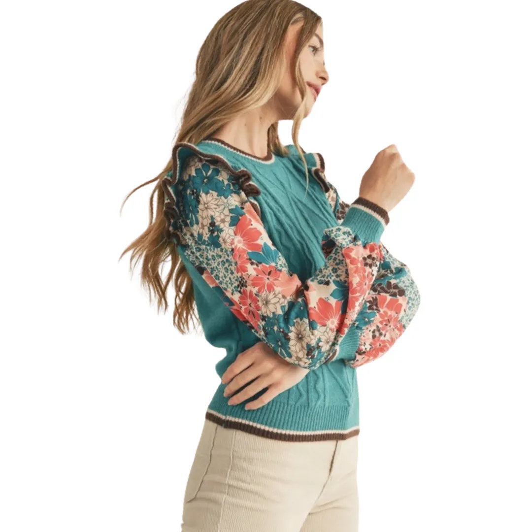 Apparel- En Merci Knit Sweater With Woven Floral Sleeves