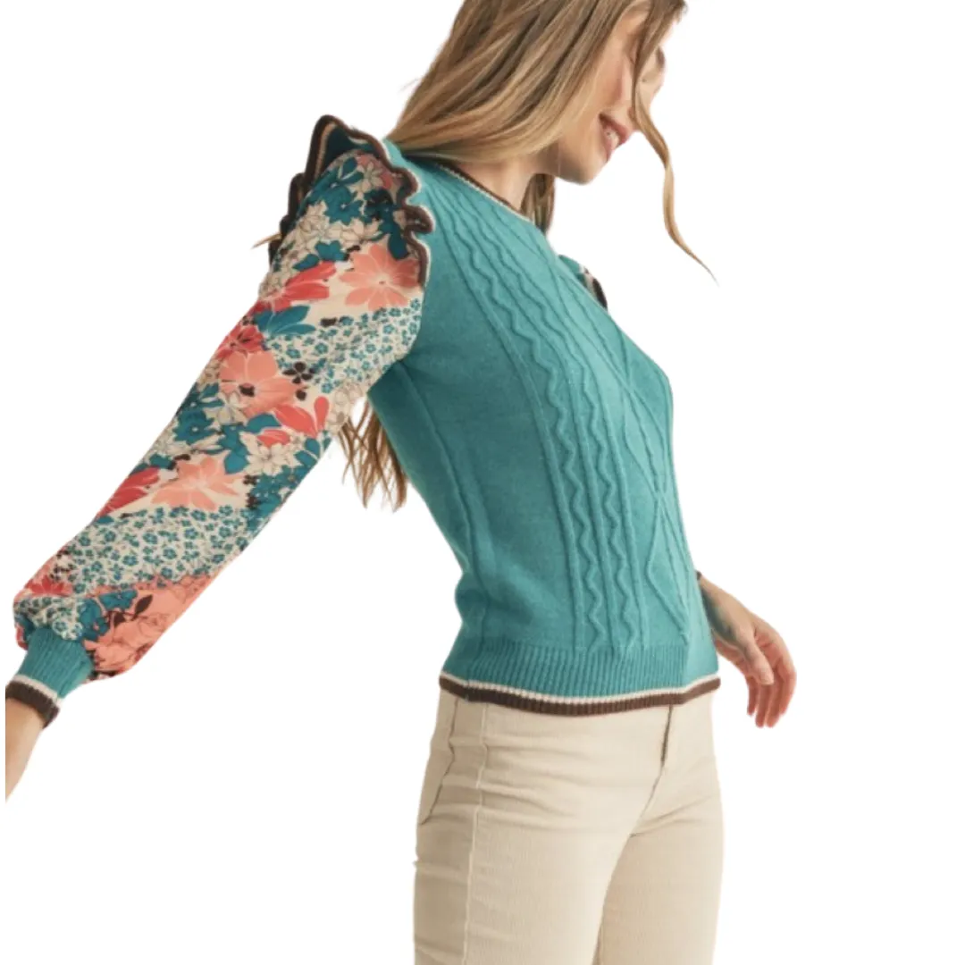 Apparel- En Merci Knit Sweater With Woven Floral Sleeves