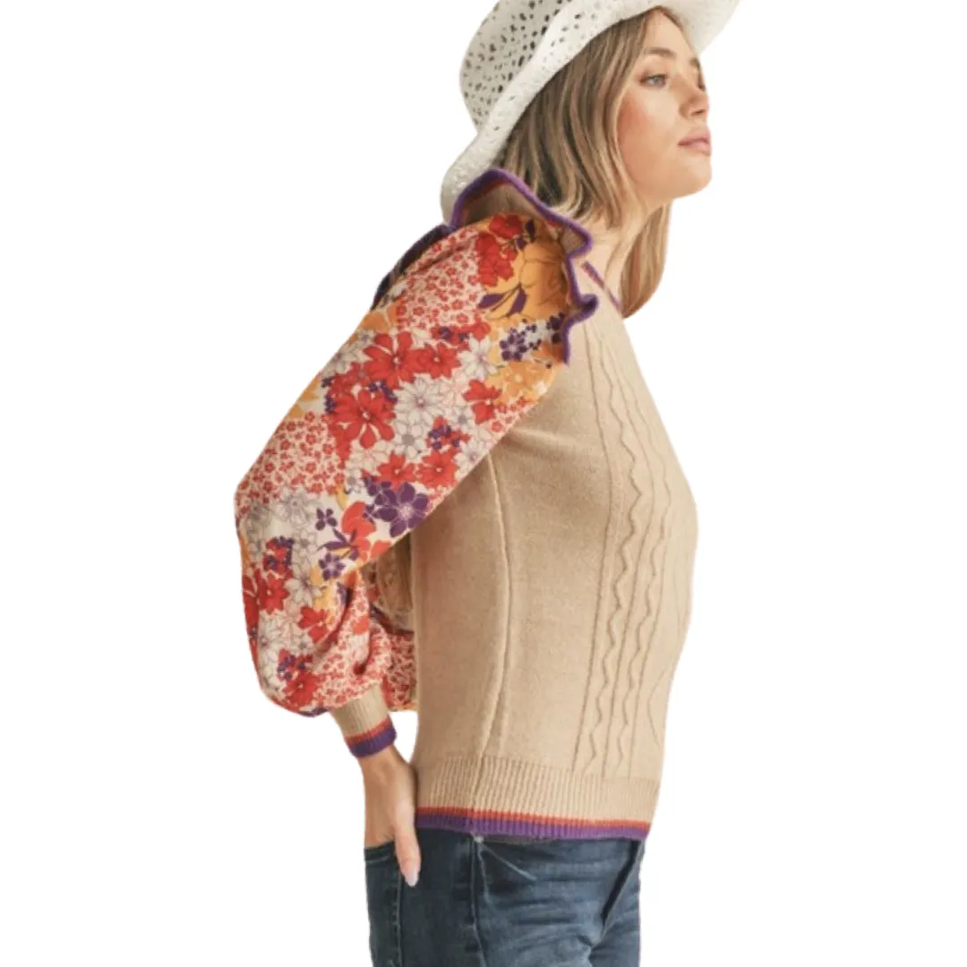Apparel- En Merci Knit Sweater With Woven Floral Sleeves