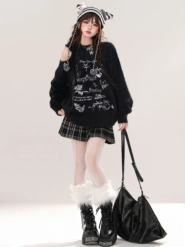 Apricot/Black Butterflies and Bows Cutout Shoulder Mohair Soft Sweater