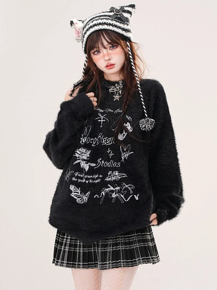 Apricot/Black Butterflies and Bows Cutout Shoulder Mohair Soft Sweater