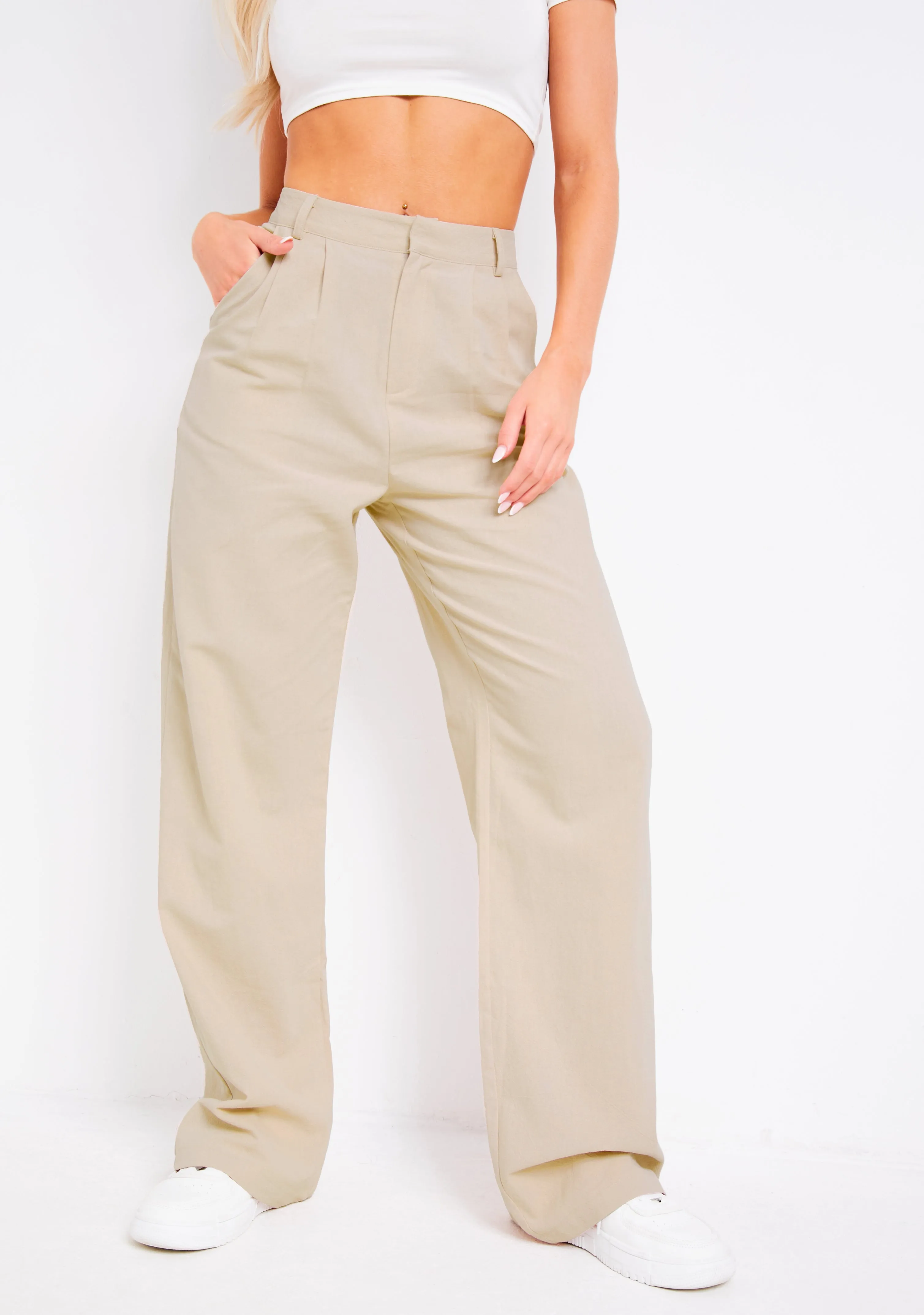 Astra Beige Linen Look Tailored Trousers