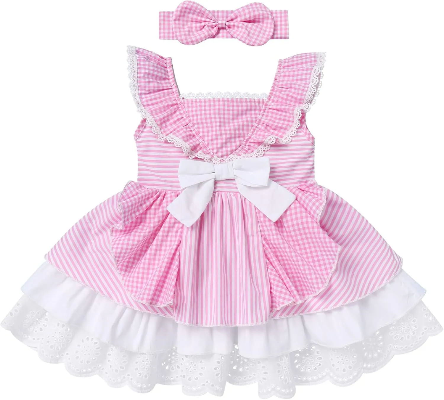 Baby Girl Tutu Dress Summer Sleeveless Plaid Princess Birthday Party Dresses Flower Bowknot Sundress with Headband Set