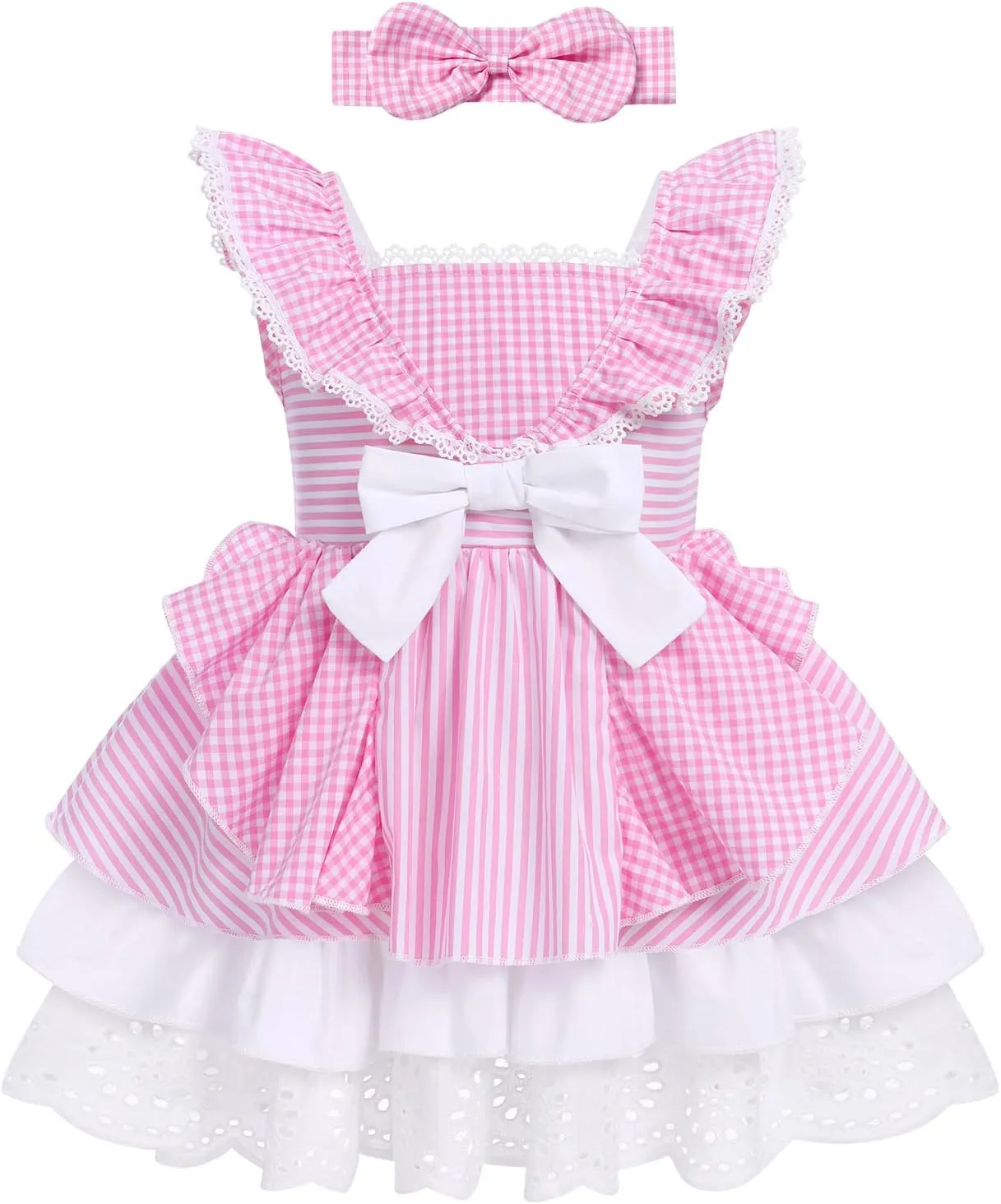 Baby Girl Tutu Dress Summer Sleeveless Plaid Princess Birthday Party Dresses Flower Bowknot Sundress with Headband Set