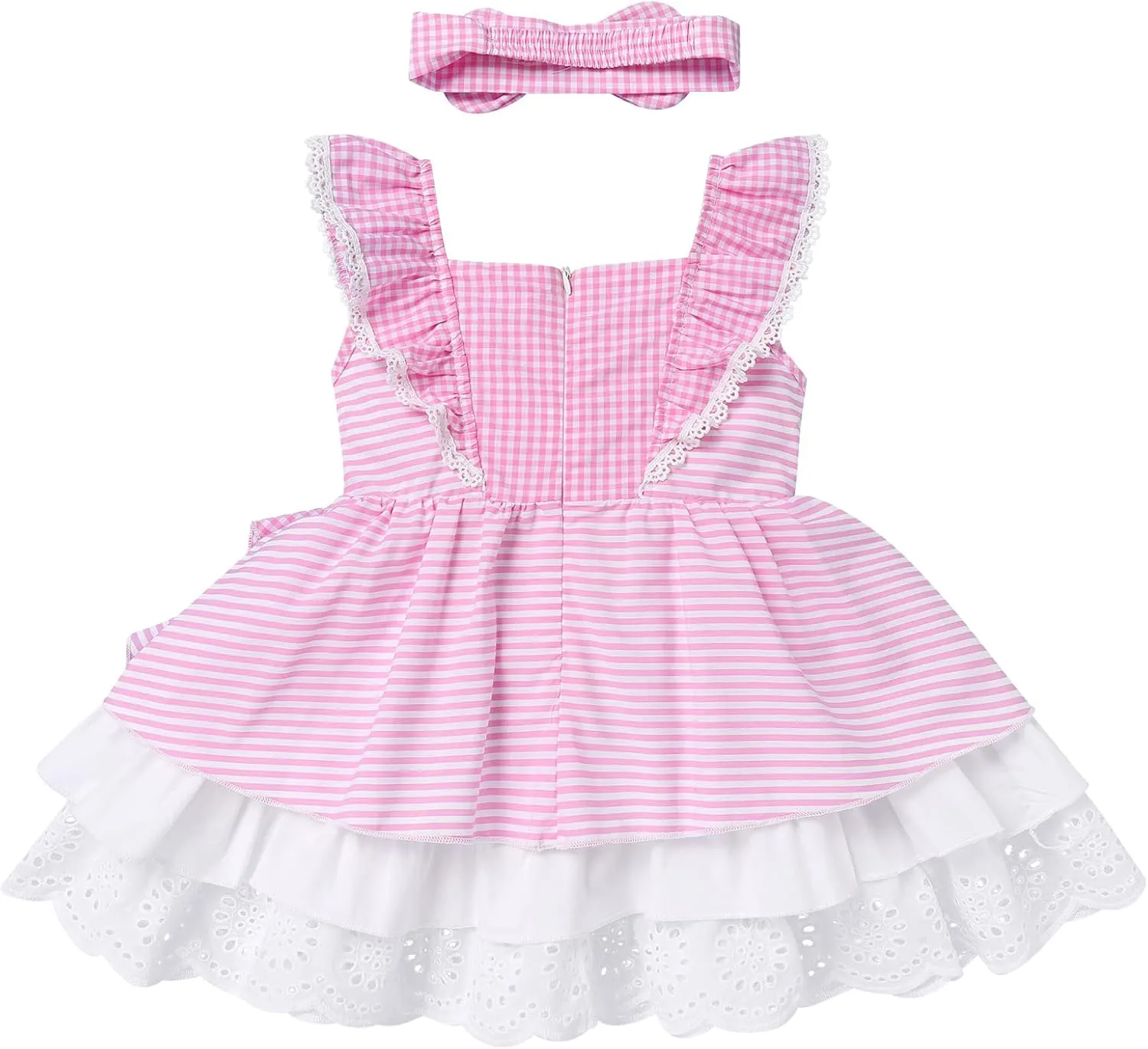 Baby Girl Tutu Dress Summer Sleeveless Plaid Princess Birthday Party Dresses Flower Bowknot Sundress with Headband Set