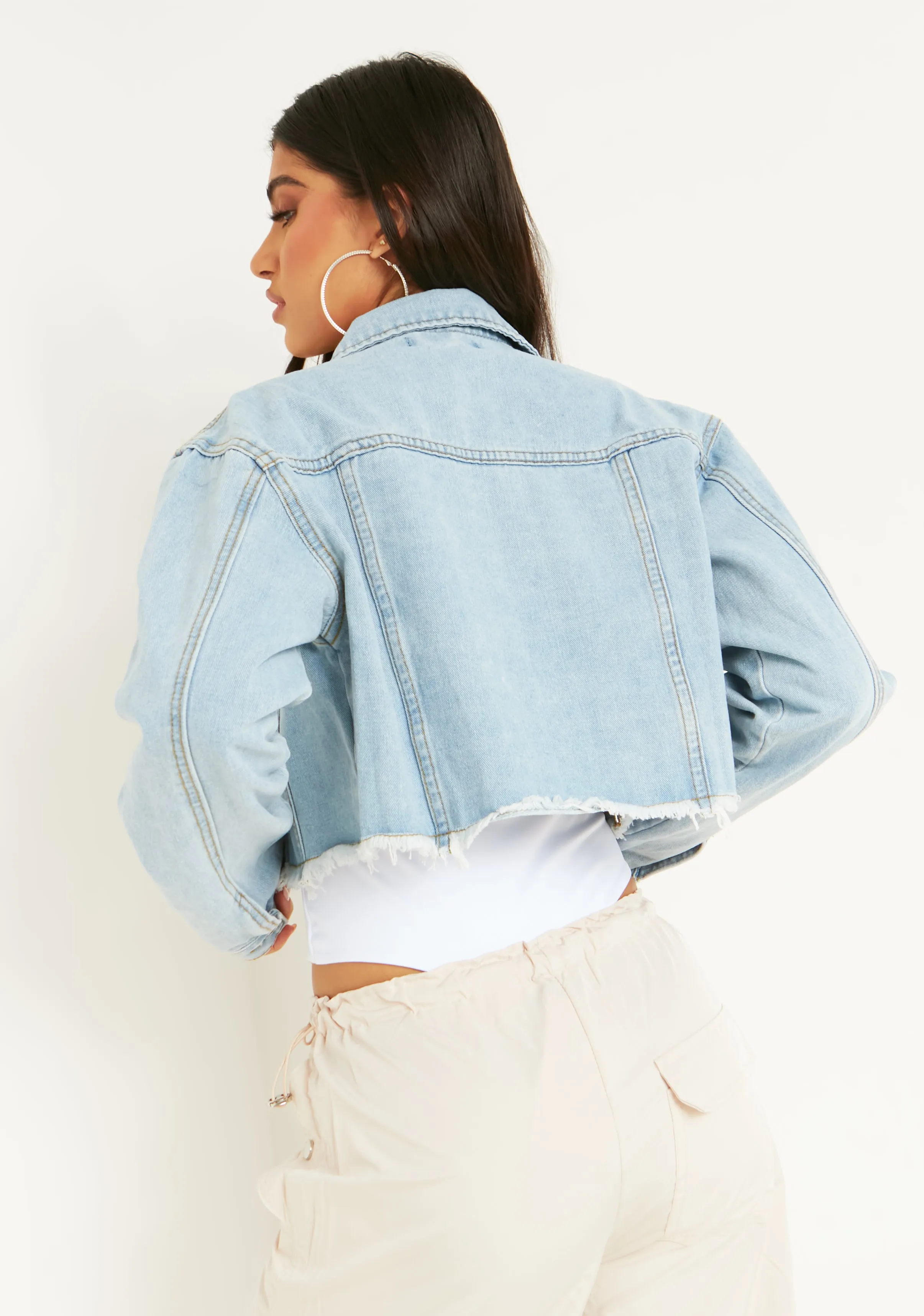Bianca Blue Light Wash Distressed Hem Crop Denim Jacket