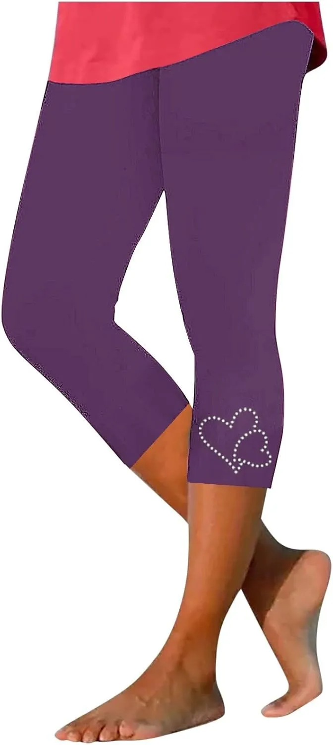 Capri Leggings for Women Summer Rhinestone Dressy Cropped High Waist Stretchy Yoga Pants Compression Workout Leggings
