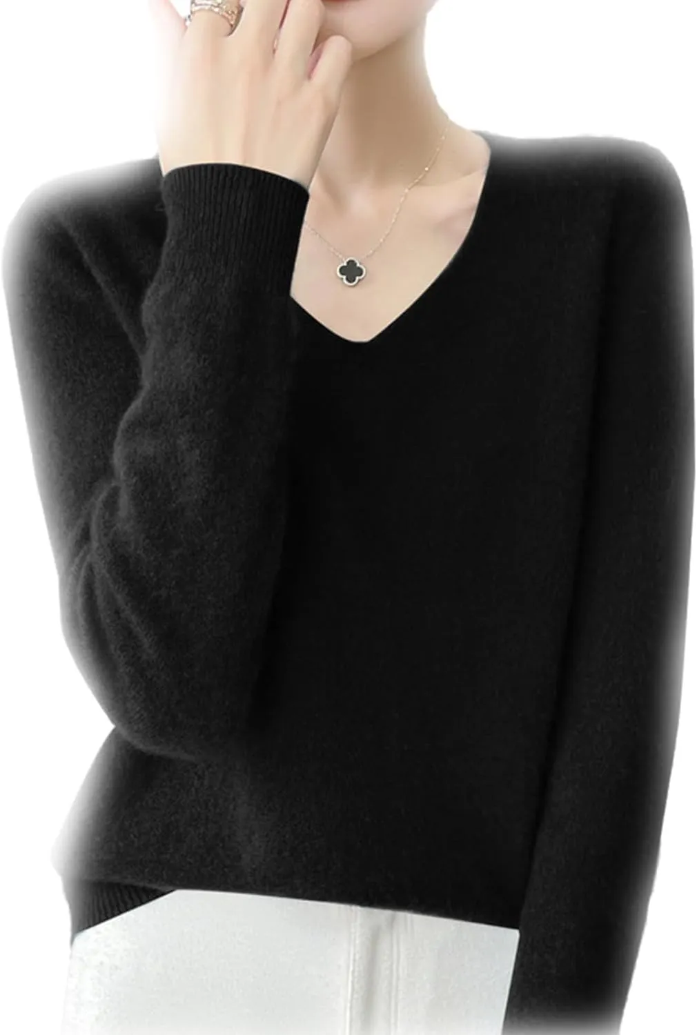 Cashmere Sweaters for Women, 100% Cashmere V Neck Long Sleeve Soft Pullover Sweater Soft Warm Cozy Lightweight Wool Knit Sweater,XL,Black