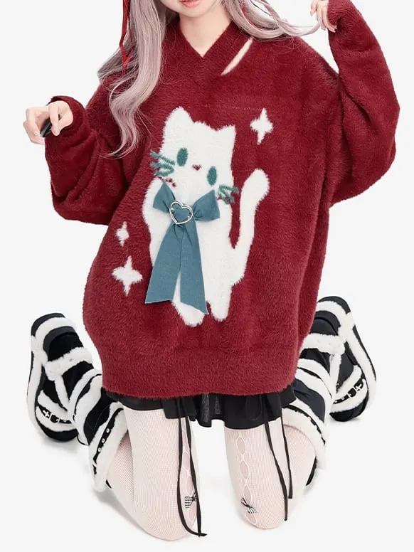 Christmas Red Cat Bowknot V-neck Soft Sweater