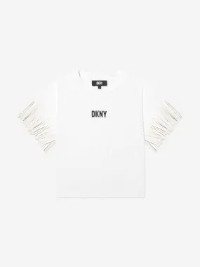 DKNY Girls Fringed Sleeve T-Shirt in White