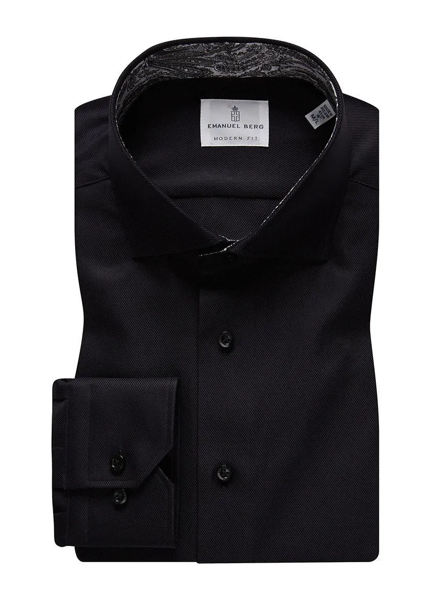 Emanuel Berg Black Textured Twill Casual Dress Shirt