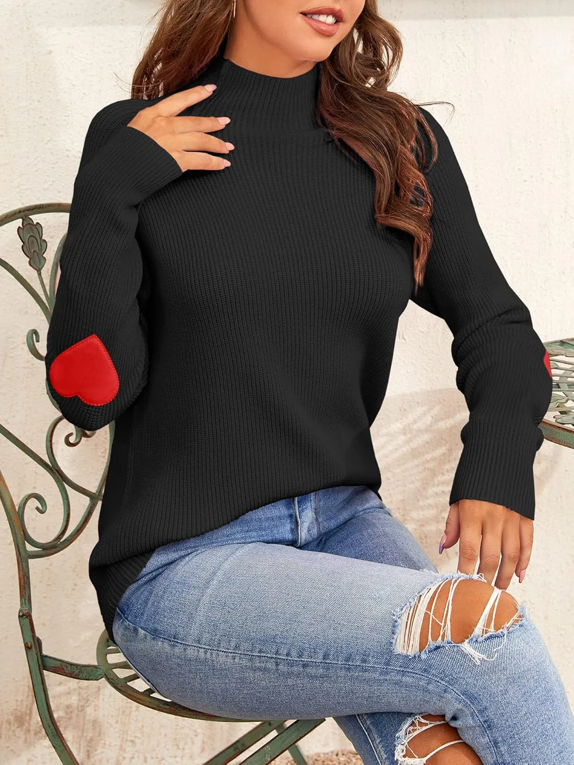 FERBIA Women Turtleneck Sweater Oversize Heart Slouchy Chunky Pullover Baggy Batwing Knit Cute Loose Fall Cozy Comfy Top