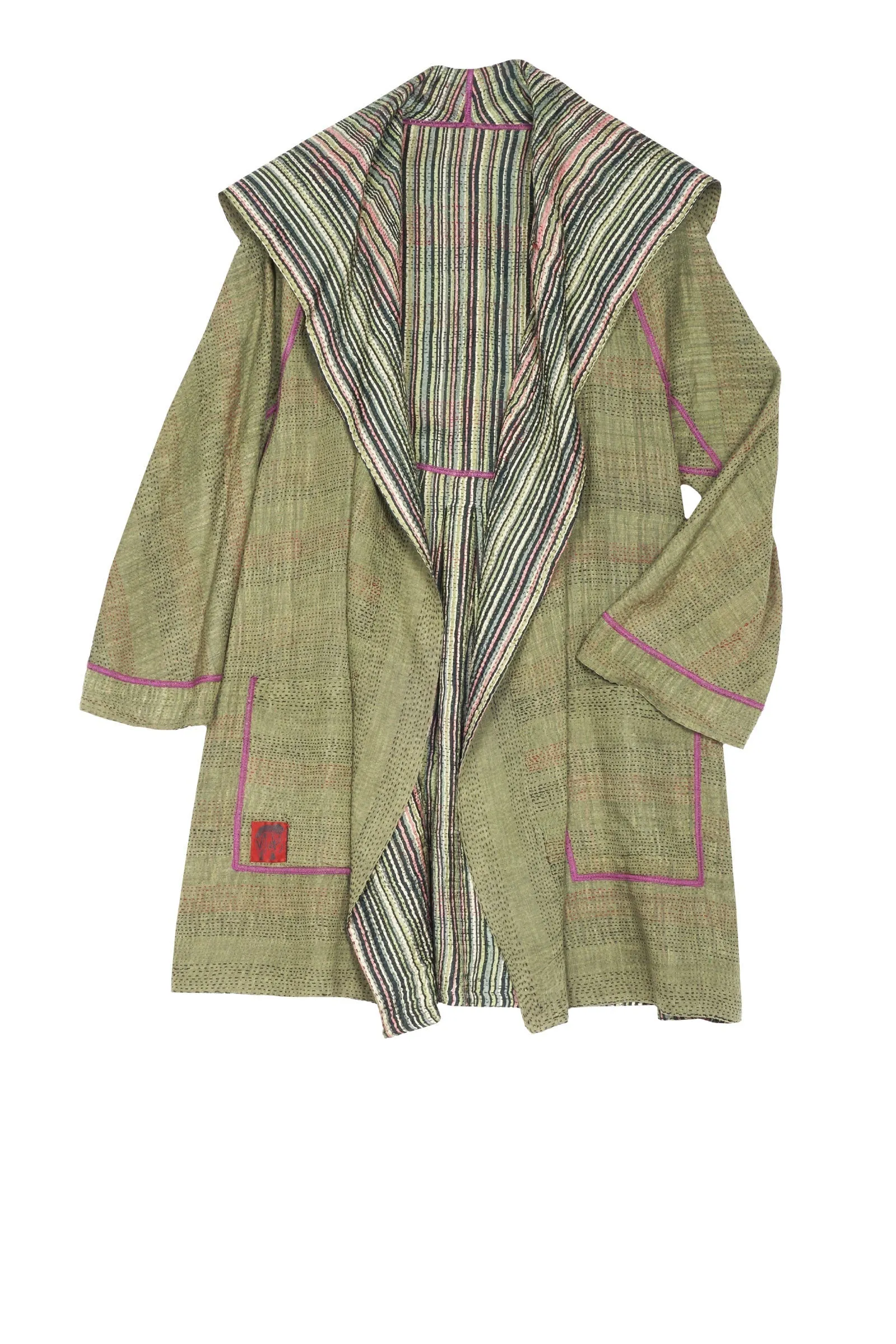 GREEN STRIPE W VINTAGE BACKING KANTHA BACK TUCKED JKT - gt2012-grn -