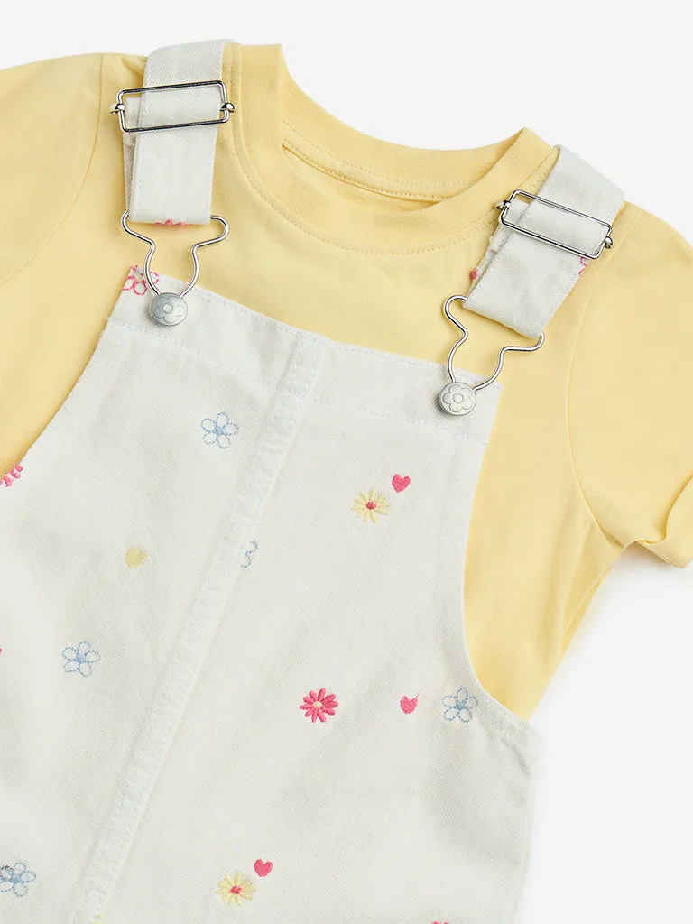 HOP Kids Off-White Floral Cotton Dungaree with T-Shirt Set