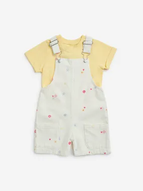 HOP Kids Off-White Floral Cotton Dungaree with T-Shirt Set