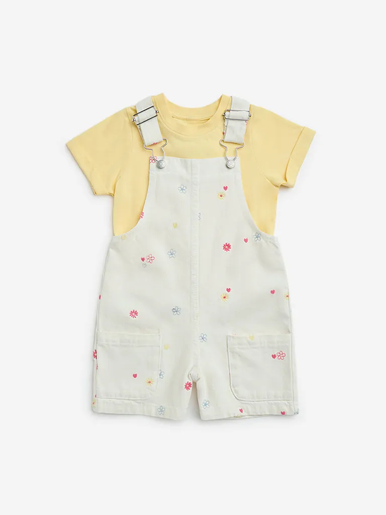 HOP Kids Off-White Floral Cotton Dungaree with T-Shirt Set
