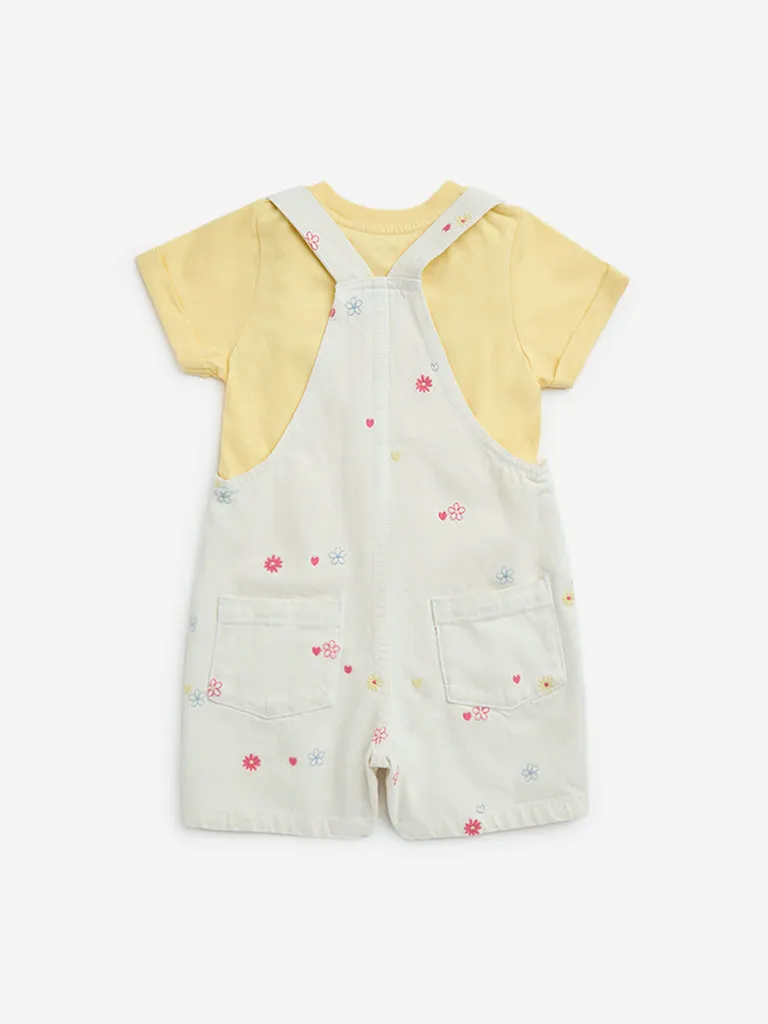 HOP Kids Off-White Floral Cotton Dungaree with T-Shirt Set