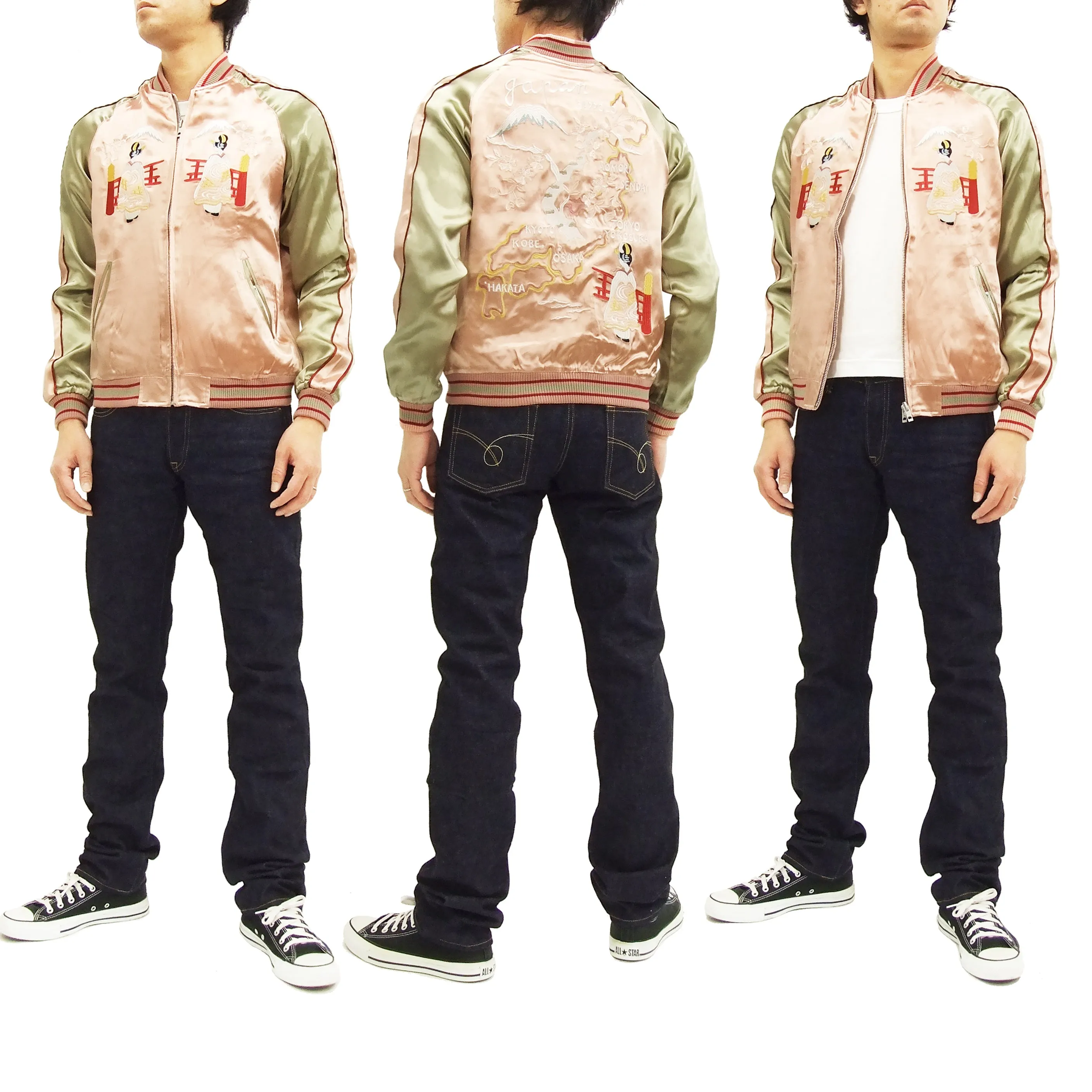 Japanesque Japanese Souvenir Jacket 3RSJ-029 Japan map Men's Sukajan Pink/Gold