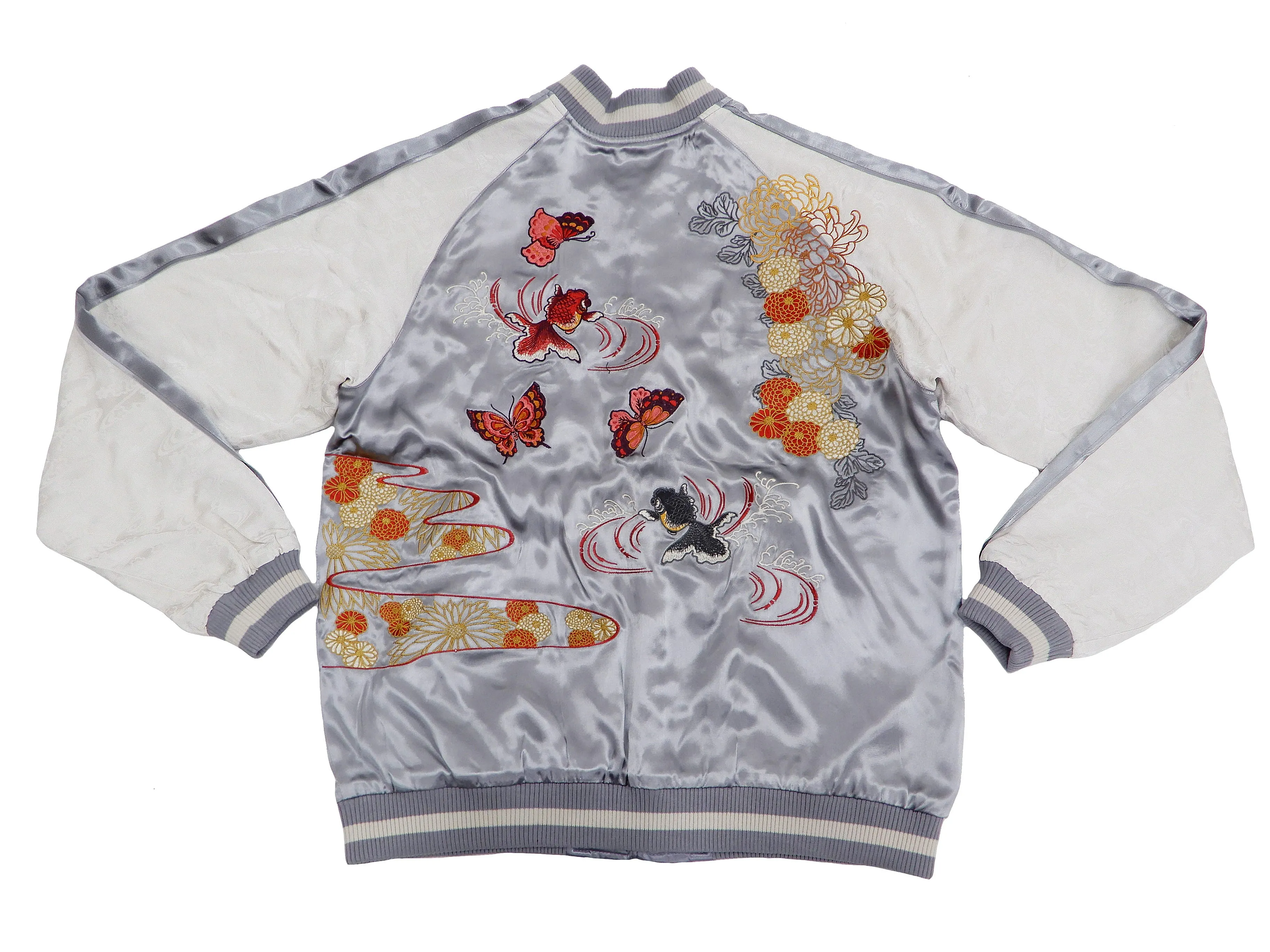 Japanesque Men's Japanese Souvenir Jacket Goldfish Embroidery Sukajan 3RSJ-701 Gray/Off