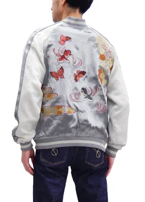 Japanesque Men's Japanese Souvenir Jacket Goldfish Embroidery Sukajan 3RSJ-701 Gray/Off