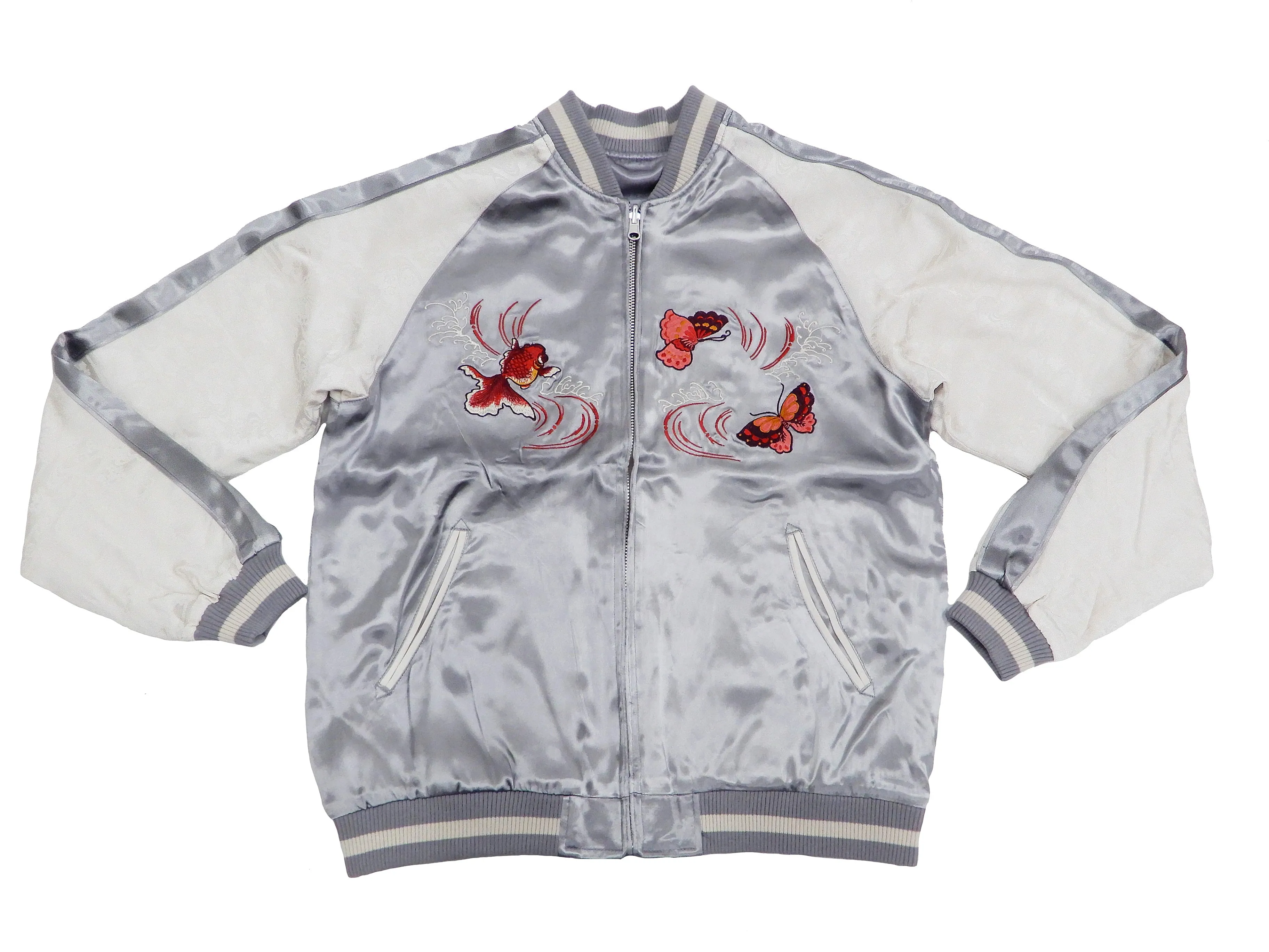 Japanesque Men's Japanese Souvenir Jacket Goldfish Embroidery Sukajan 3RSJ-701 Gray/Off