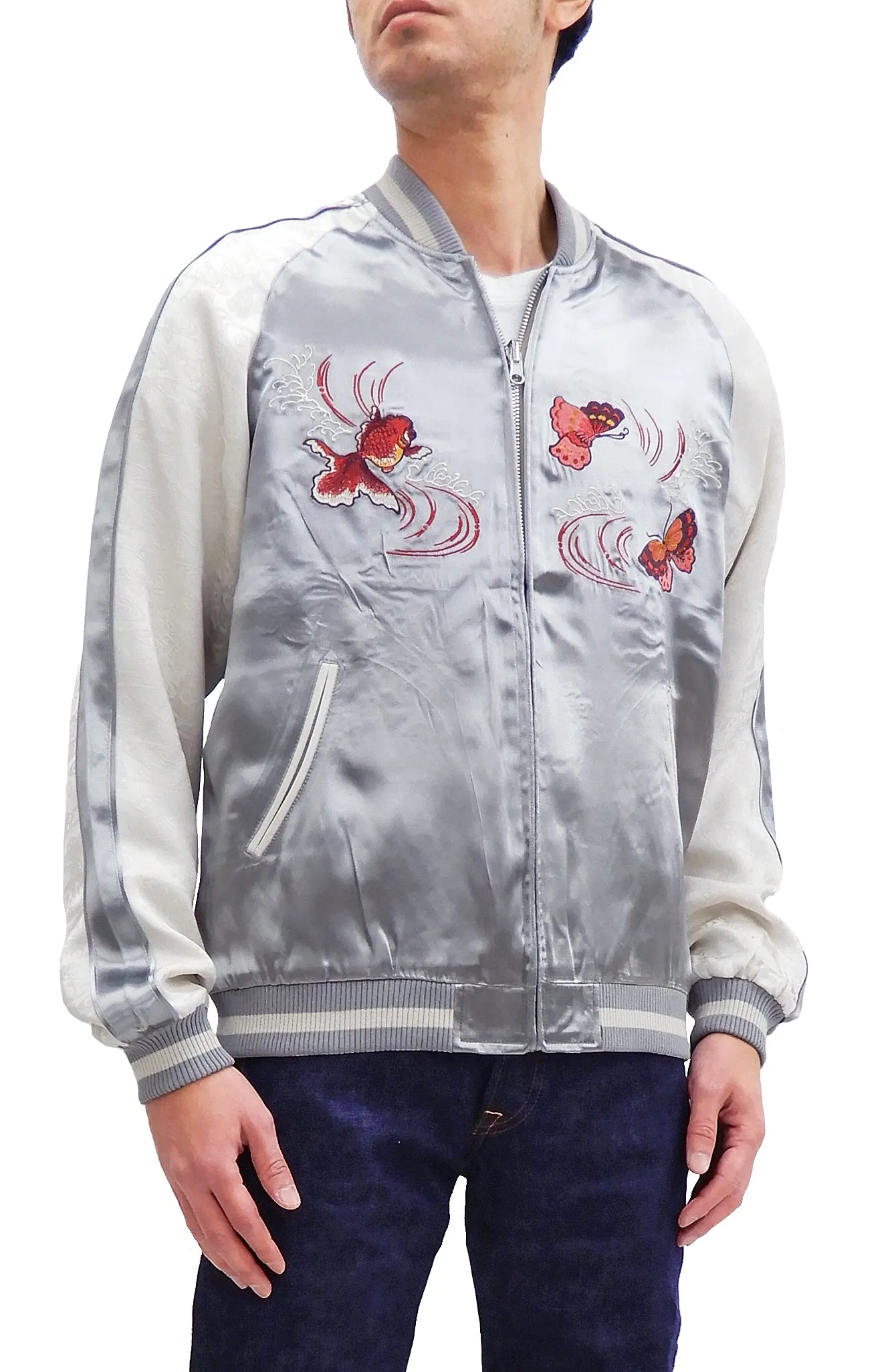 Japanesque Men's Japanese Souvenir Jacket Goldfish Embroidery Sukajan 3RSJ-701 Gray/Off