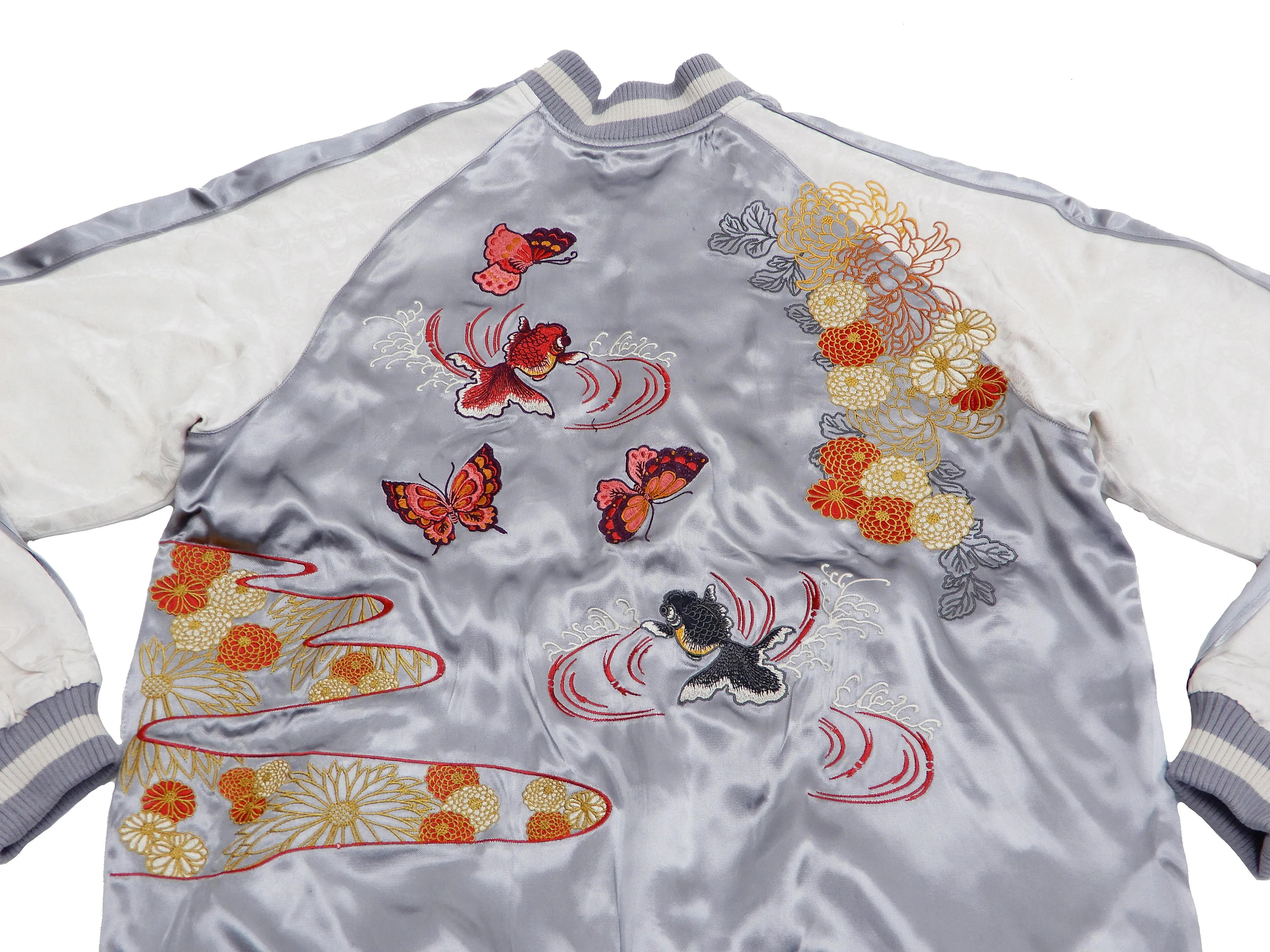 Japanesque Men's Japanese Souvenir Jacket Goldfish Embroidery Sukajan 3RSJ-701 Gray/Off
