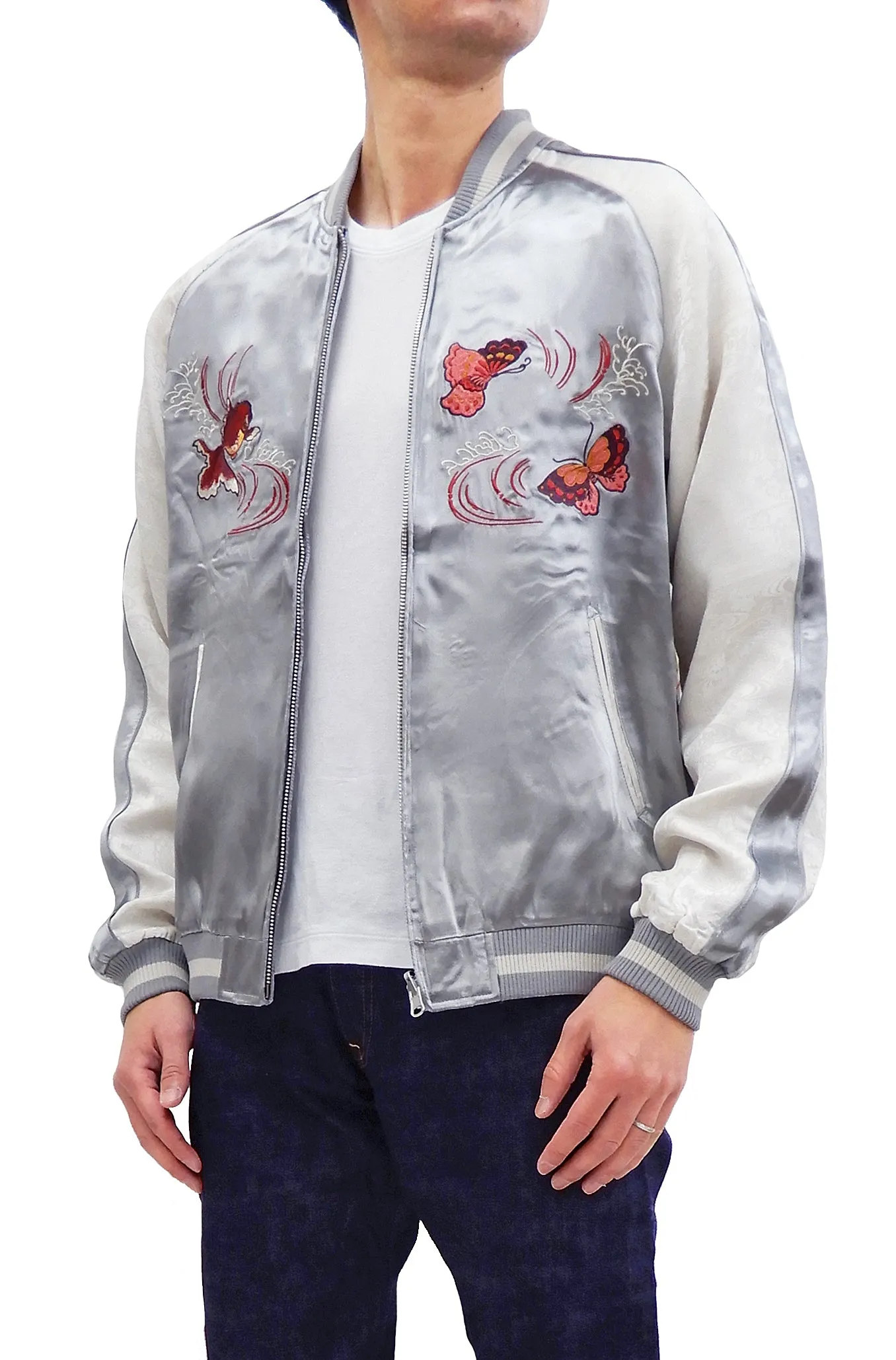 Japanesque Men's Japanese Souvenir Jacket Goldfish Embroidery Sukajan 3RSJ-701 Gray/Off