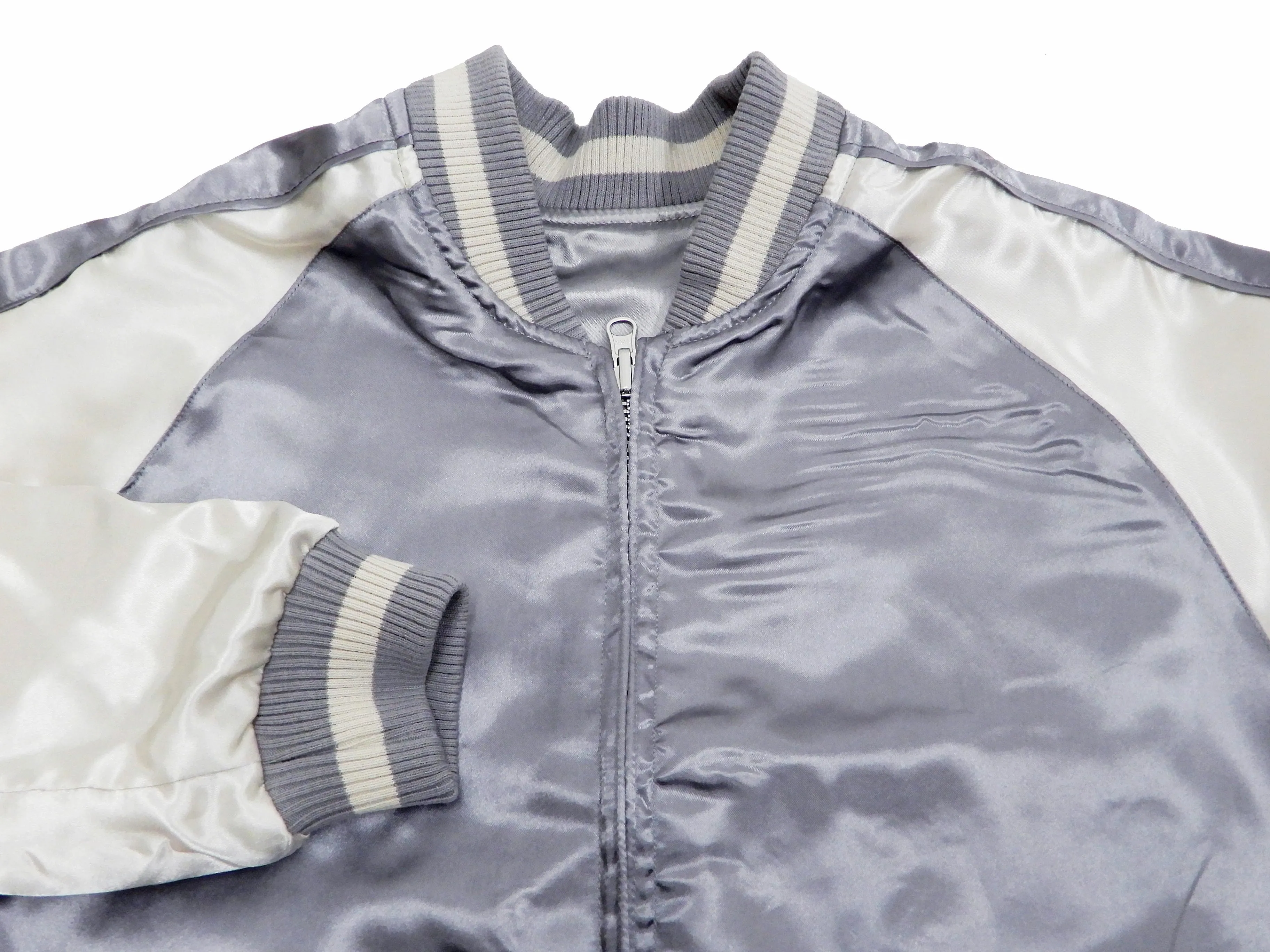Japanesque Men's Japanese Souvenir Jacket Goldfish Embroidery Sukajan 3RSJ-701 Gray/Off