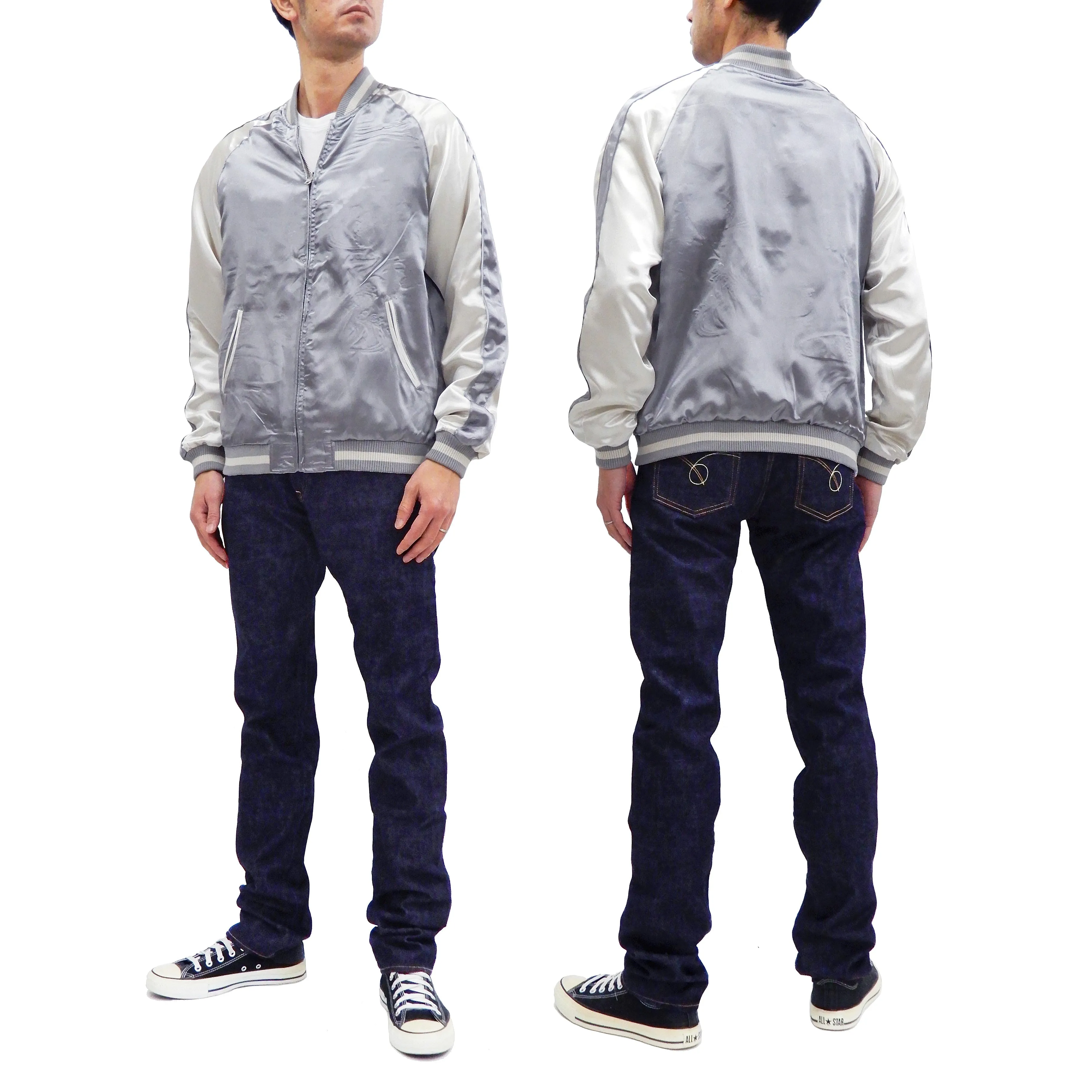 Japanesque Men's Japanese Souvenir Jacket Goldfish Embroidery Sukajan 3RSJ-701 Gray/Off