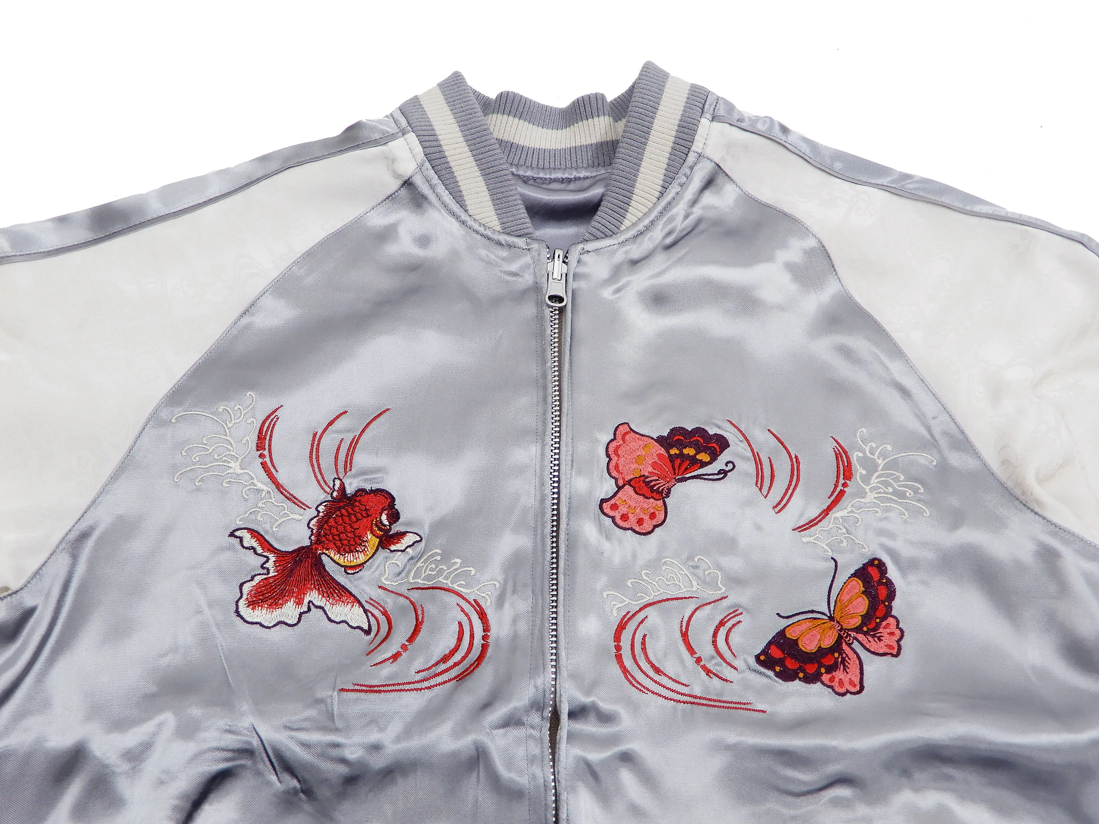 Japanesque Men's Japanese Souvenir Jacket Goldfish Embroidery Sukajan 3RSJ-701 Gray/Off