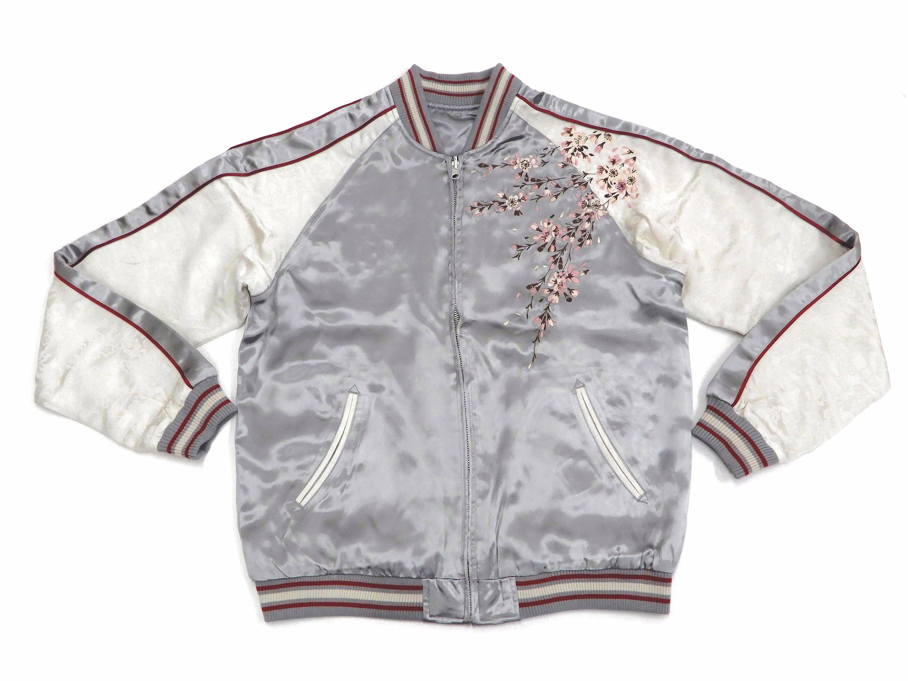 Japanesque Sukajan Jacket Men's Japanese Souvenir Jacket Weeping Cherry 3RSJ-753 Gray/Off