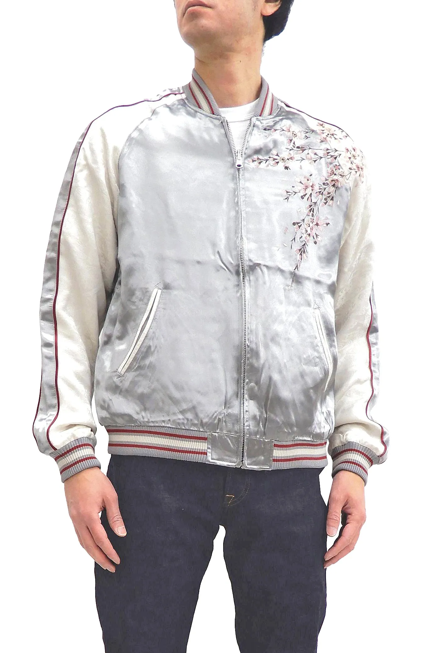 Japanesque Sukajan Jacket Men's Japanese Souvenir Jacket Weeping Cherry 3RSJ-753 Gray/Off