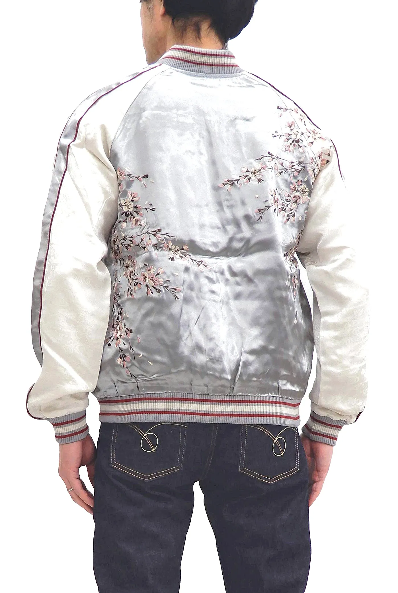 Japanesque Sukajan Jacket Men's Japanese Souvenir Jacket Weeping Cherry 3RSJ-753 Gray/Off