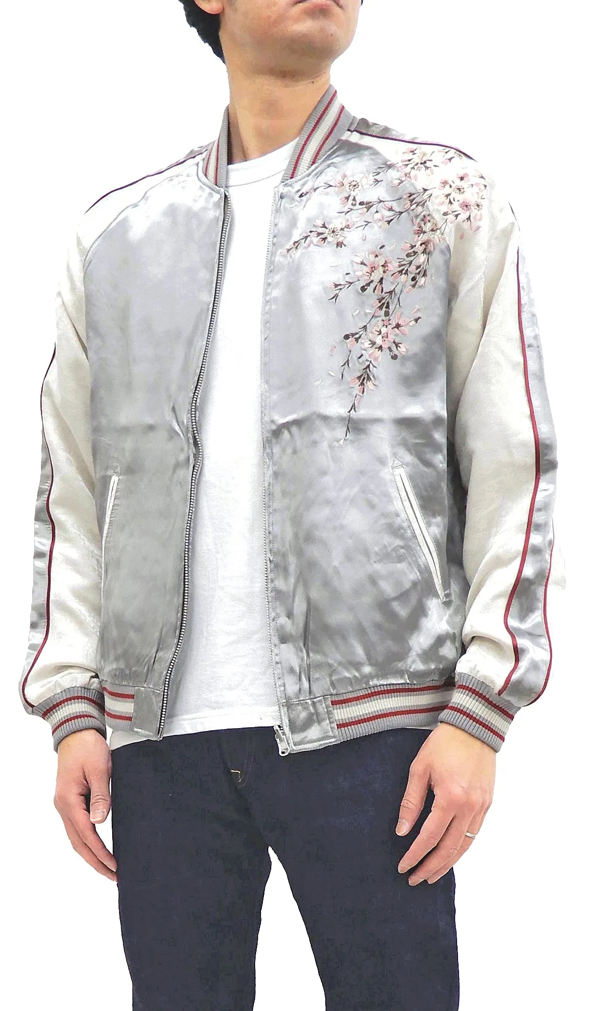 Japanesque Sukajan Jacket Men's Japanese Souvenir Jacket Weeping Cherry 3RSJ-753 Gray/Off