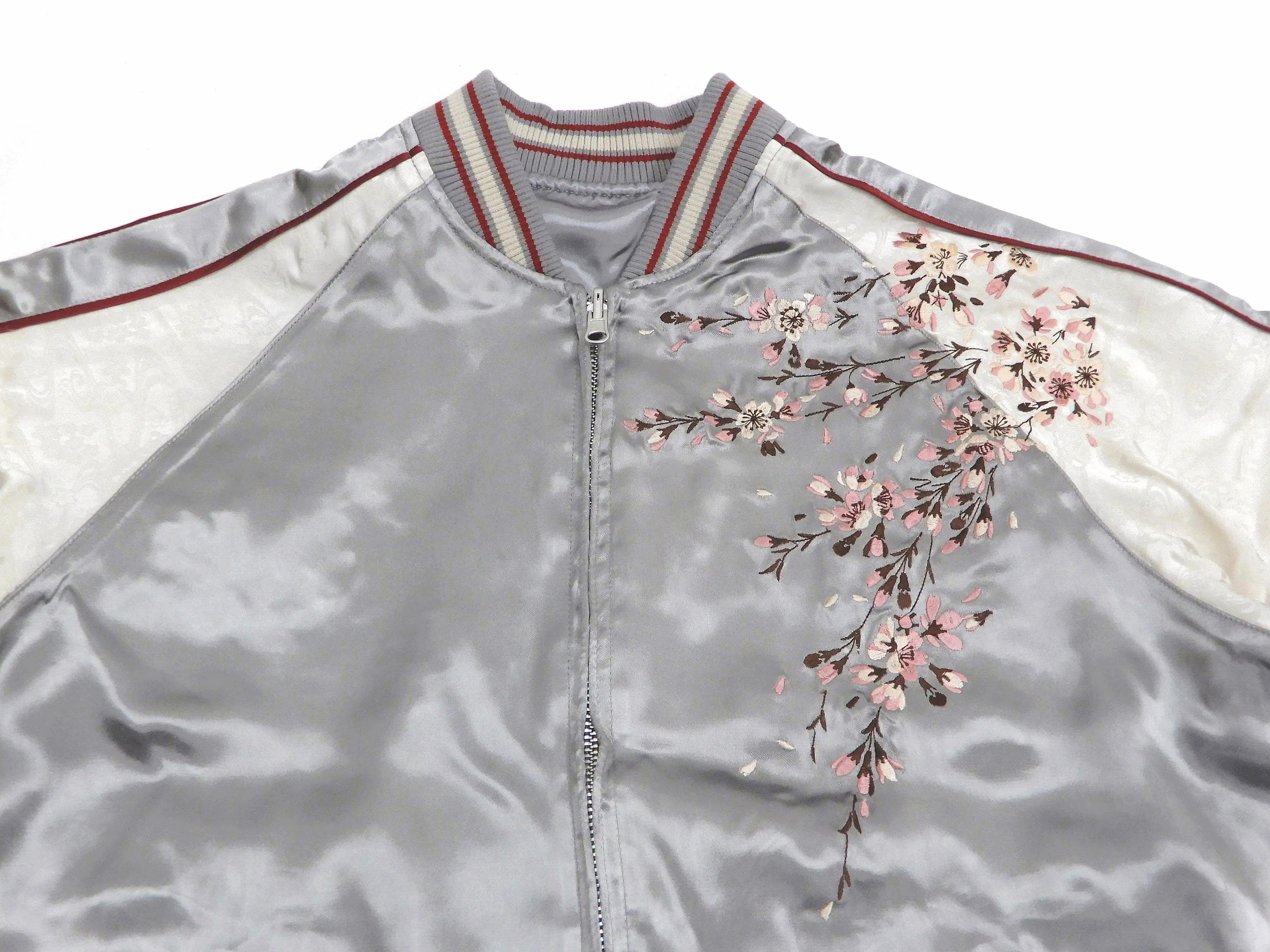 Japanesque Sukajan Jacket Men's Japanese Souvenir Jacket Weeping Cherry 3RSJ-753 Gray/Off