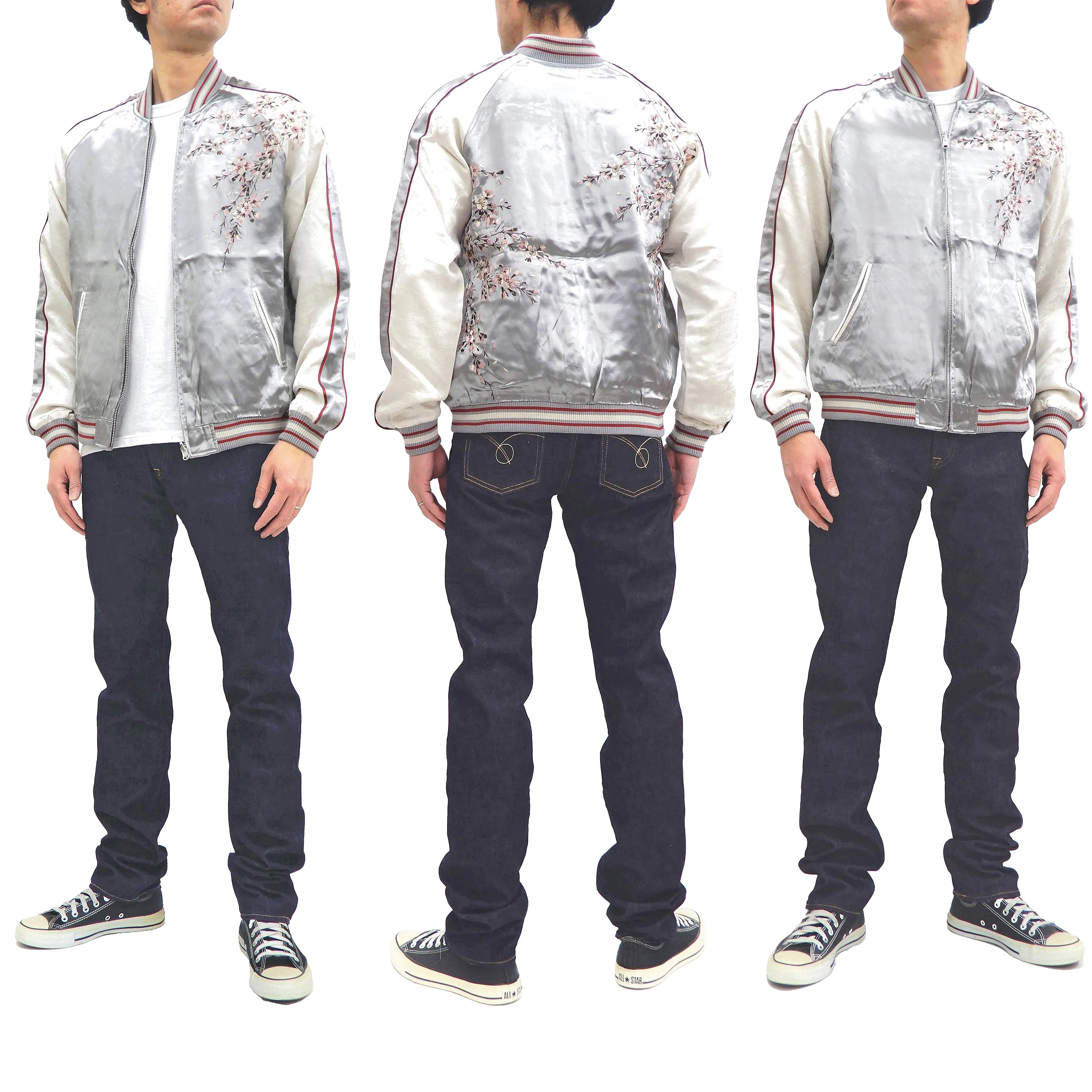 Japanesque Sukajan Jacket Men's Japanese Souvenir Jacket Weeping Cherry 3RSJ-753 Gray/Off