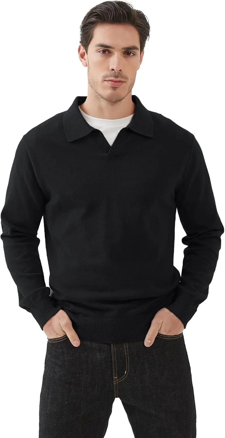 Kallspin Men's Knit Polo Sweater Regular Fit V Neck Cotton Long Sleeve Soft Classic Sweater Pullover