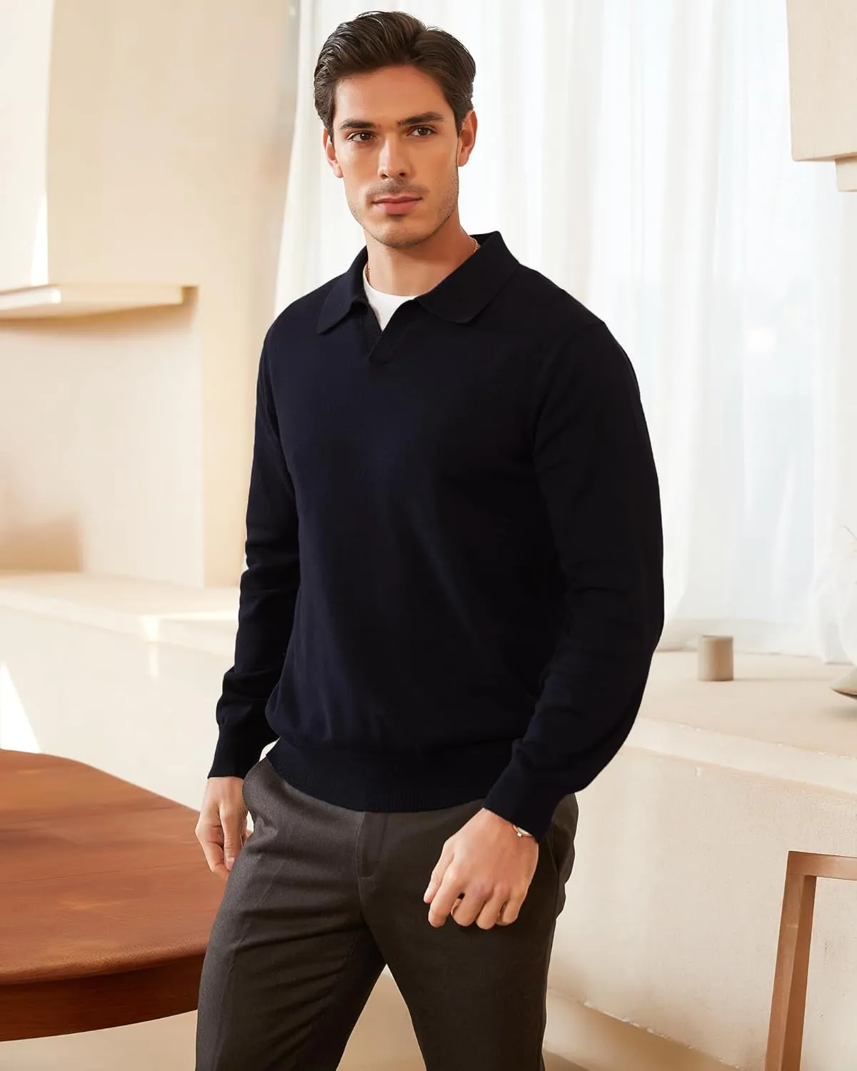 Kallspin Men's Knit Polo Sweater Regular Fit V Neck Cotton Long Sleeve Soft Classic Sweater Pullover