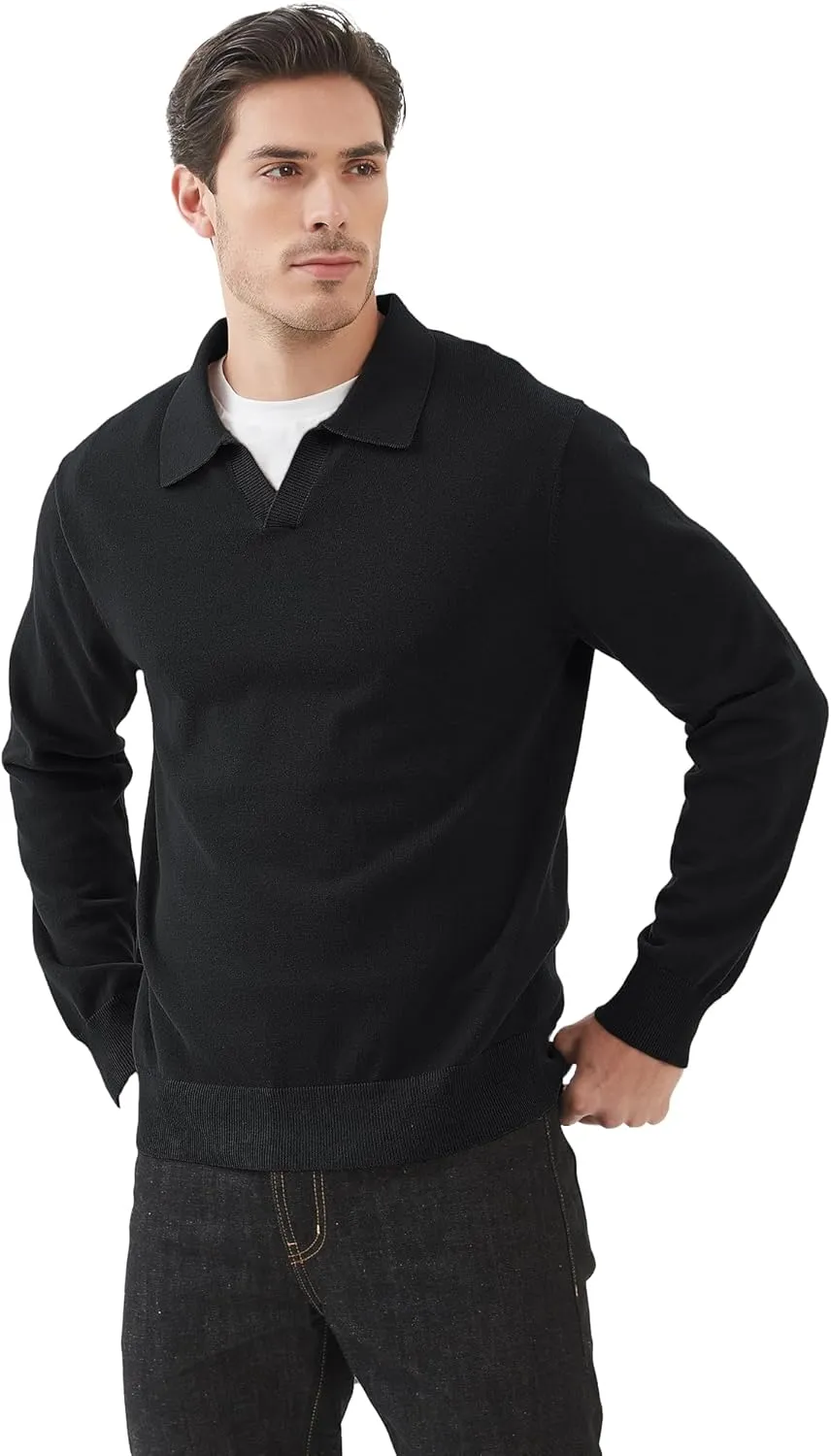 Kallspin Men's Knit Polo Sweater Regular Fit V Neck Cotton Long Sleeve Soft Classic Sweater Pullover