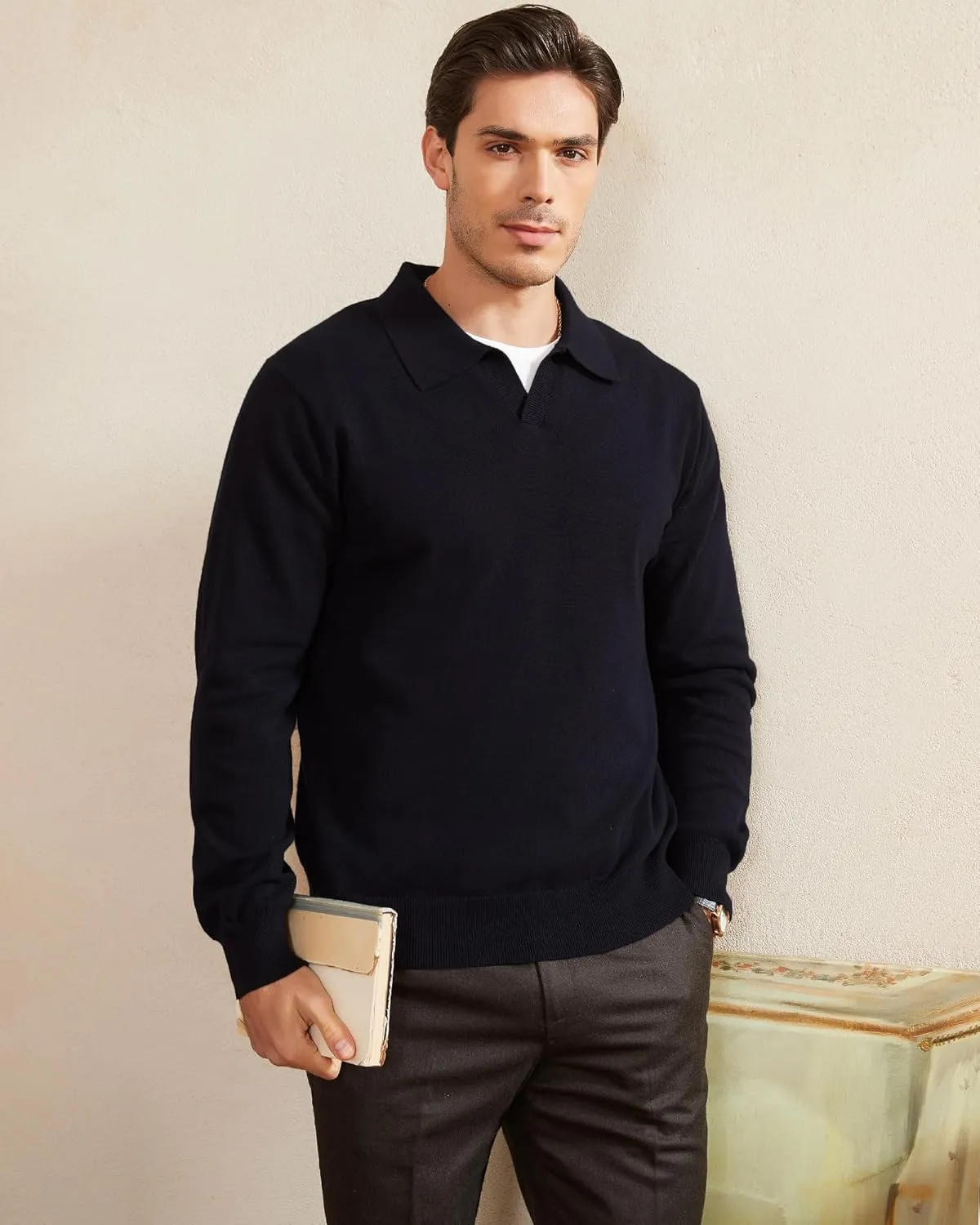 Kallspin Men's Knit Polo Sweater Regular Fit V Neck Cotton Long Sleeve Soft Classic Sweater Pullover