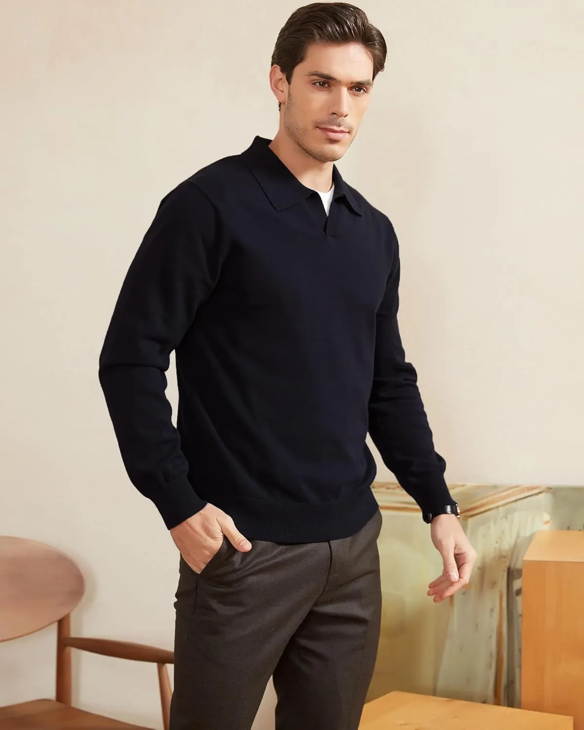Kallspin Men's Knit Polo Sweater Regular Fit V Neck Cotton Long Sleeve Soft Classic Sweater Pullover
