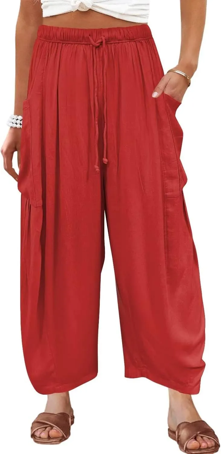 Kalssior Womens Wide Leg Pants Linen Palazzo Lounge Harem Pants Summer Beach Long Trousers with Pockets