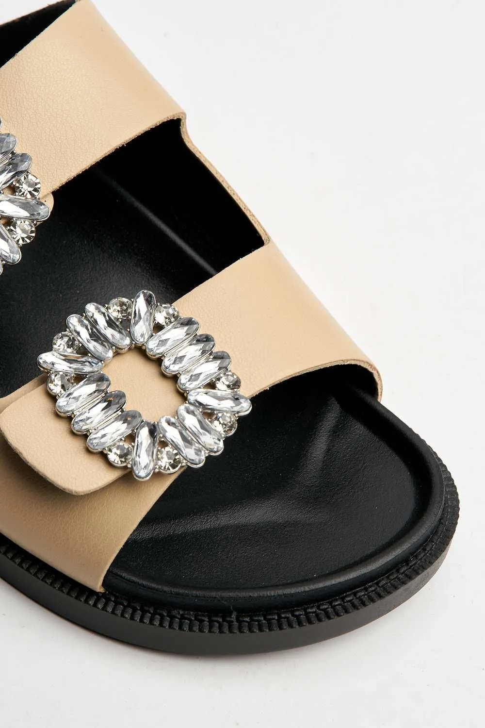 Kora Diamante Brooch Detail Flat Sandals in Nude