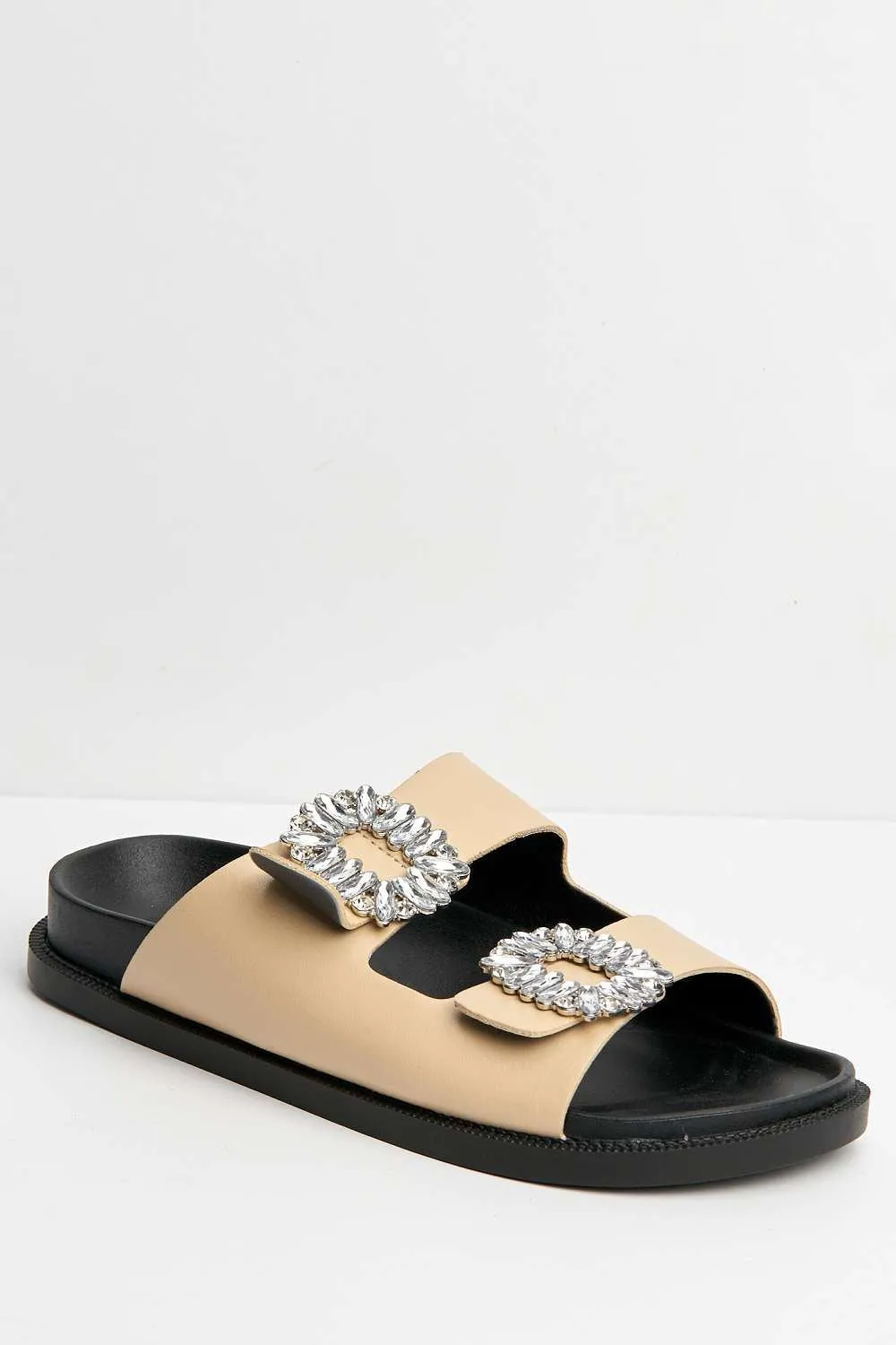 Kora Diamante Brooch Detail Flat Sandals in Nude